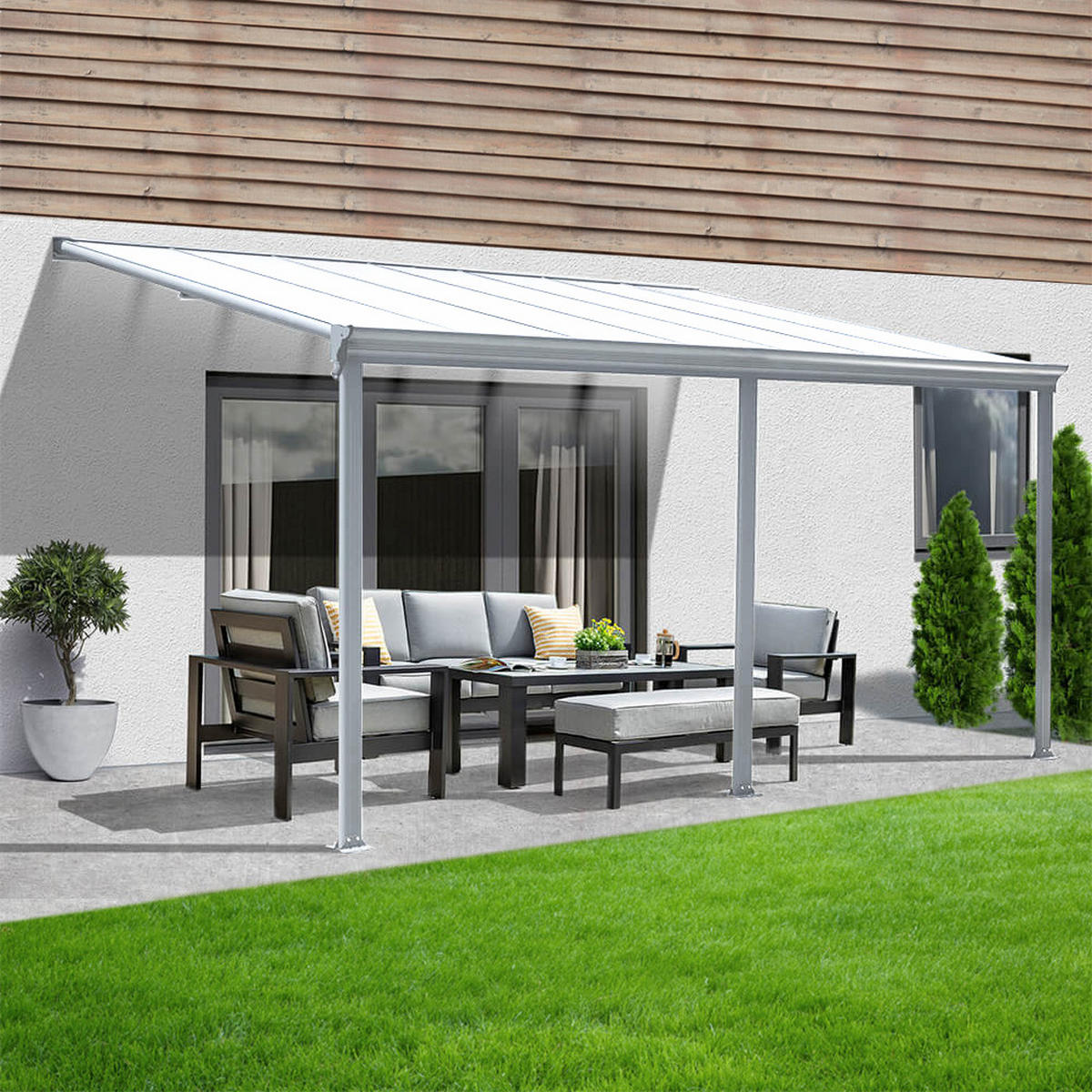 TERRASSENÜBERDACHUNG SOLIS - Farbe: Weiß, Größe: 435 / 442 x 300 / 303 x 278 / 226 cm - Weiß, Kunststoff (434/278/303cm) - Home Deluxe
