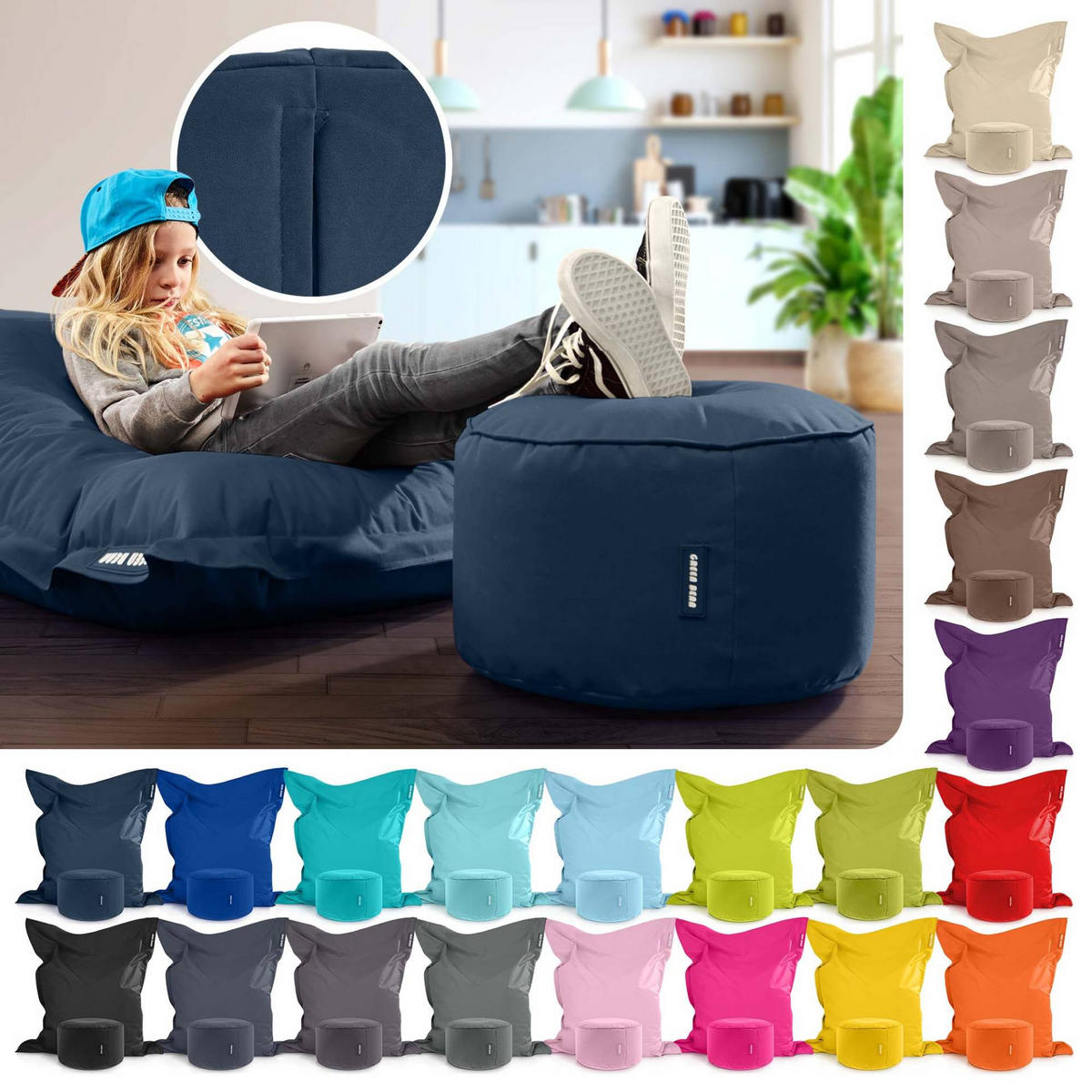 XXL-SITZSACK + Pouf 2er Set - 140x180cm - Dunkelblau, Textil (140/25/180cm) - Green Bean