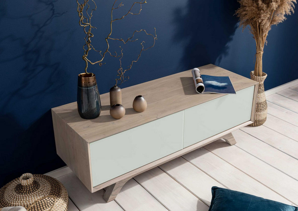 TV-BOARD Akazie 125x45x45 braun-weiß lackiert TROMSO #107 - Weiß, Holz (125/45/45cm) - Massivmoebel24