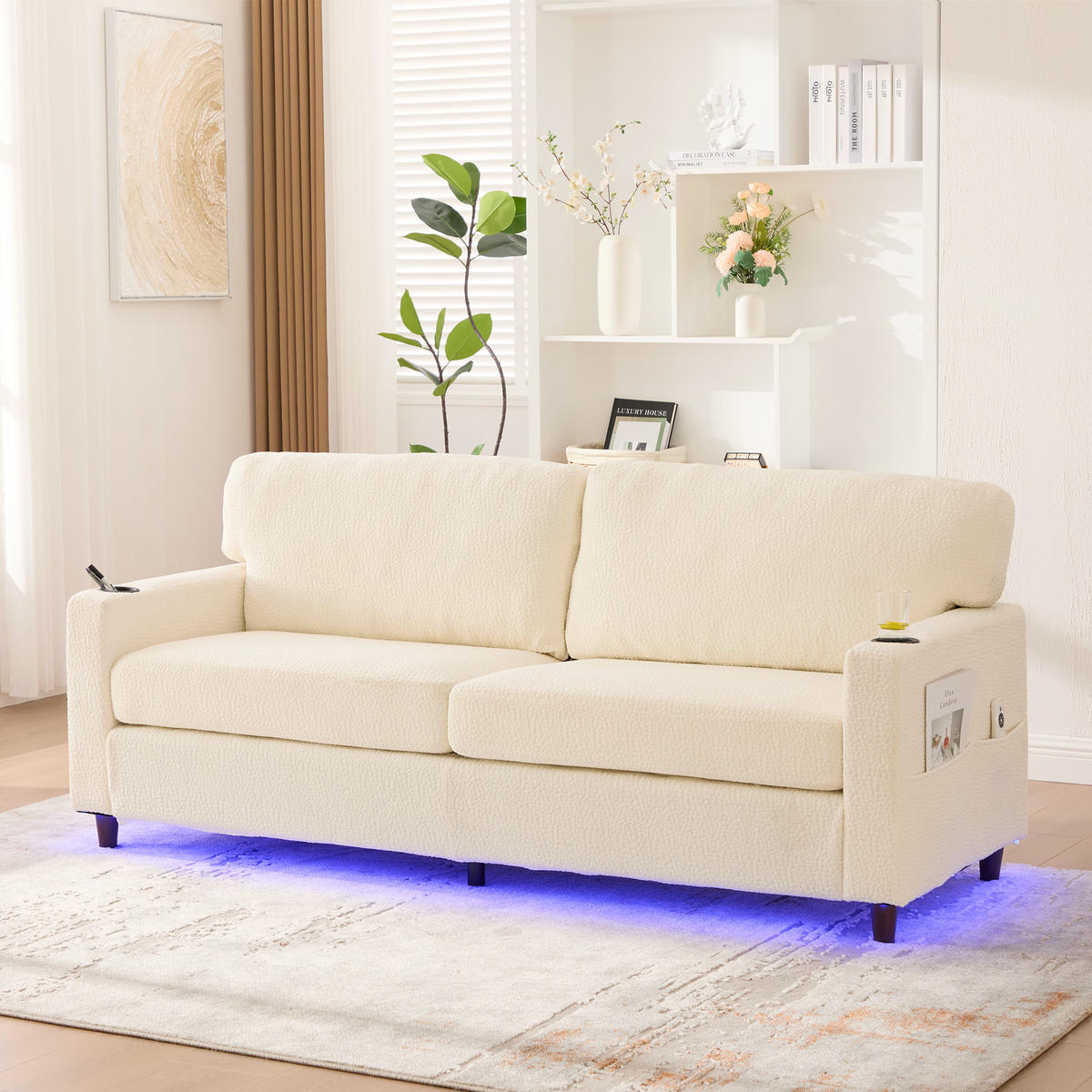 ZWEISITZER Sofa Chenille mit USB-Anschluss und LED-Licht 203/77,5/86 cm Beige - Beige, Textil (77.5/86/203cm) - Redom