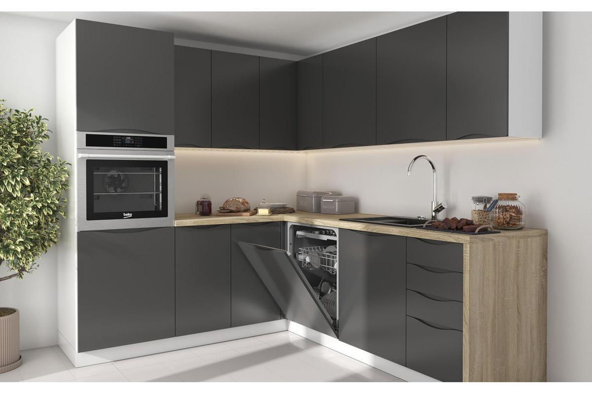 WINKELKÜCHE Napoli weiß matt / RAL 7012 basaltgrau (K5) 228/ 205 / 207cm 11-teilig - Weiß/Grau, Holzwerkstoff (232/207/205cm) - Feldmann-Wohnen