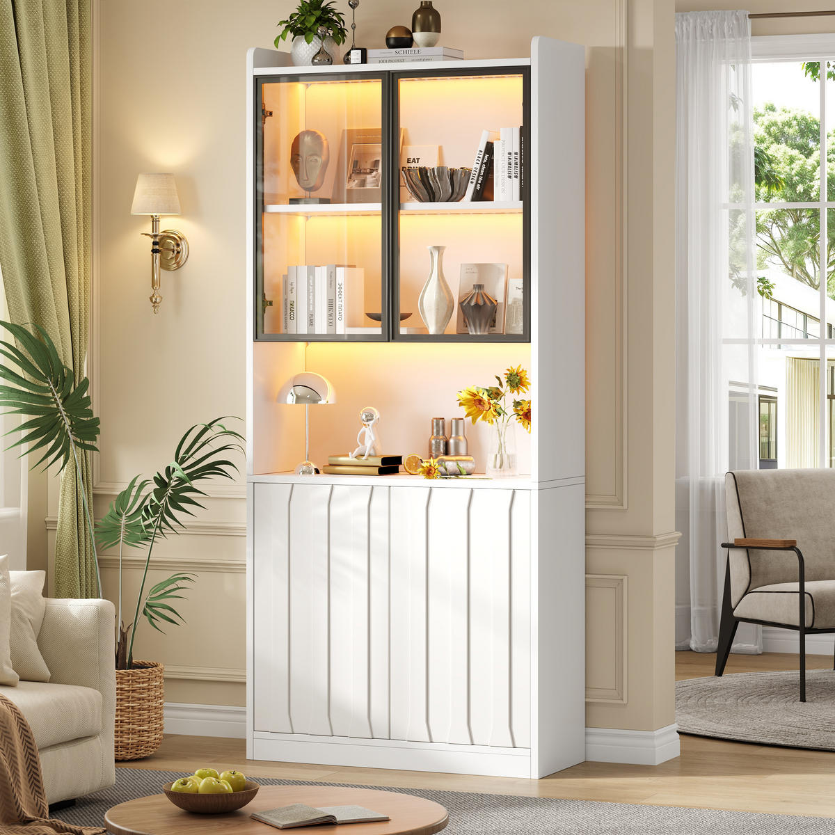 VITRINE 80x35x200 cm Weiß mit LED und Glastüren - Weiß, Holzwerkstoff (80/200/35cm) - FLIEKS
