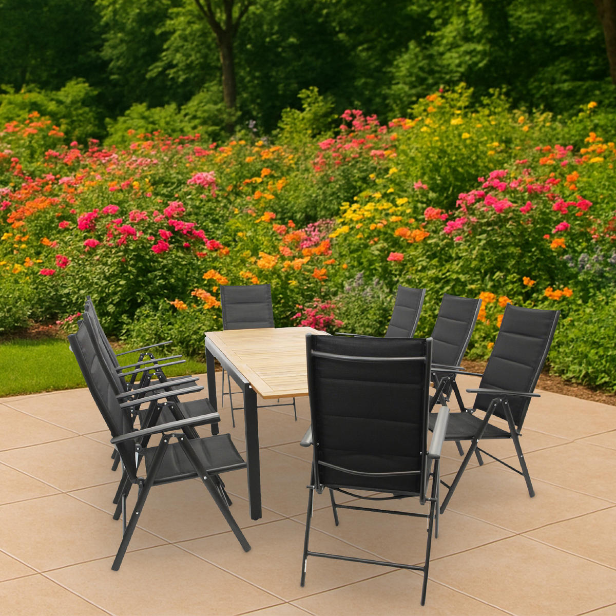 GARTENESSGRUPPE Canterbury - GARTEN-GARNITUR mit Ausziehtisch 150 bis 200 cm - 9-teilig - Aluminium - Akazie - Kunstgewebe schwarz - Schwarz, Metall - TPFGarden