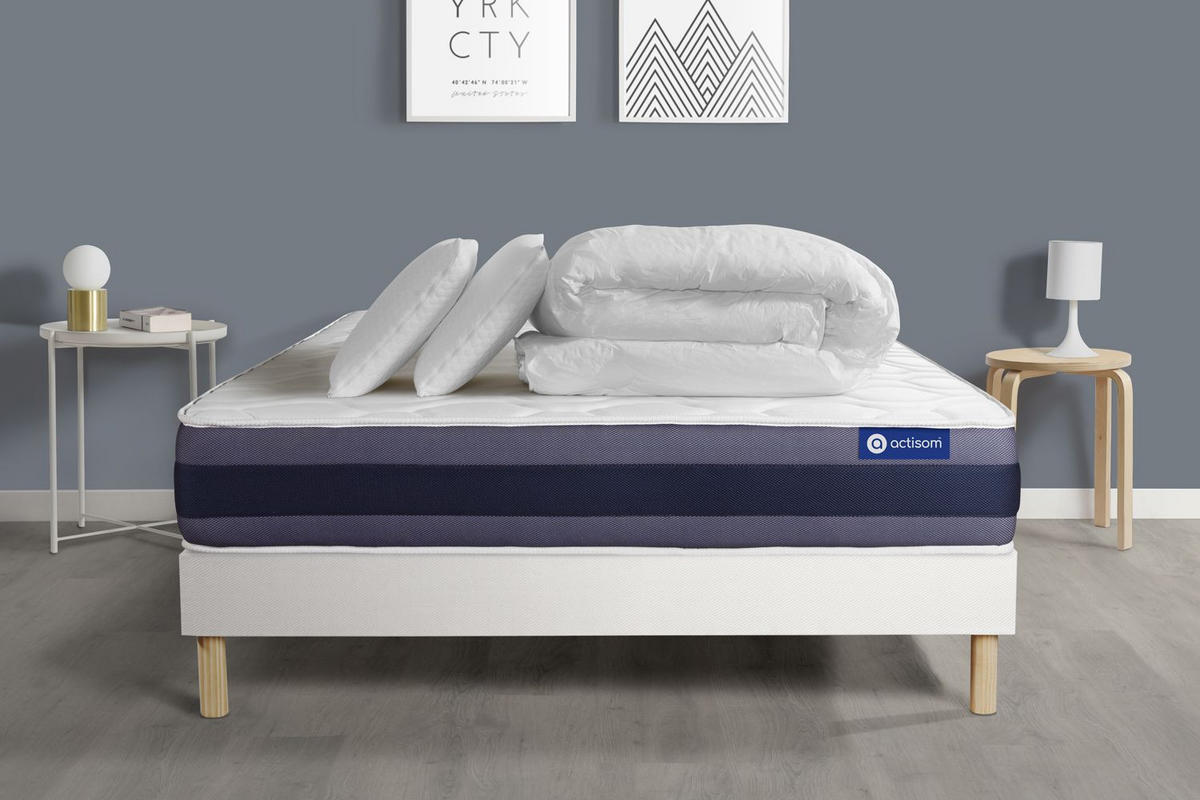BETT Actiflex morpho Taschenfederkern und Memory-Schaum 140 x 190 cm h1 - Kit Bettgestell Weiß - Mit Kissen und Bettdecke - Beige/Weiß, Holz/Textil (140/190cm) - ACTISOM
