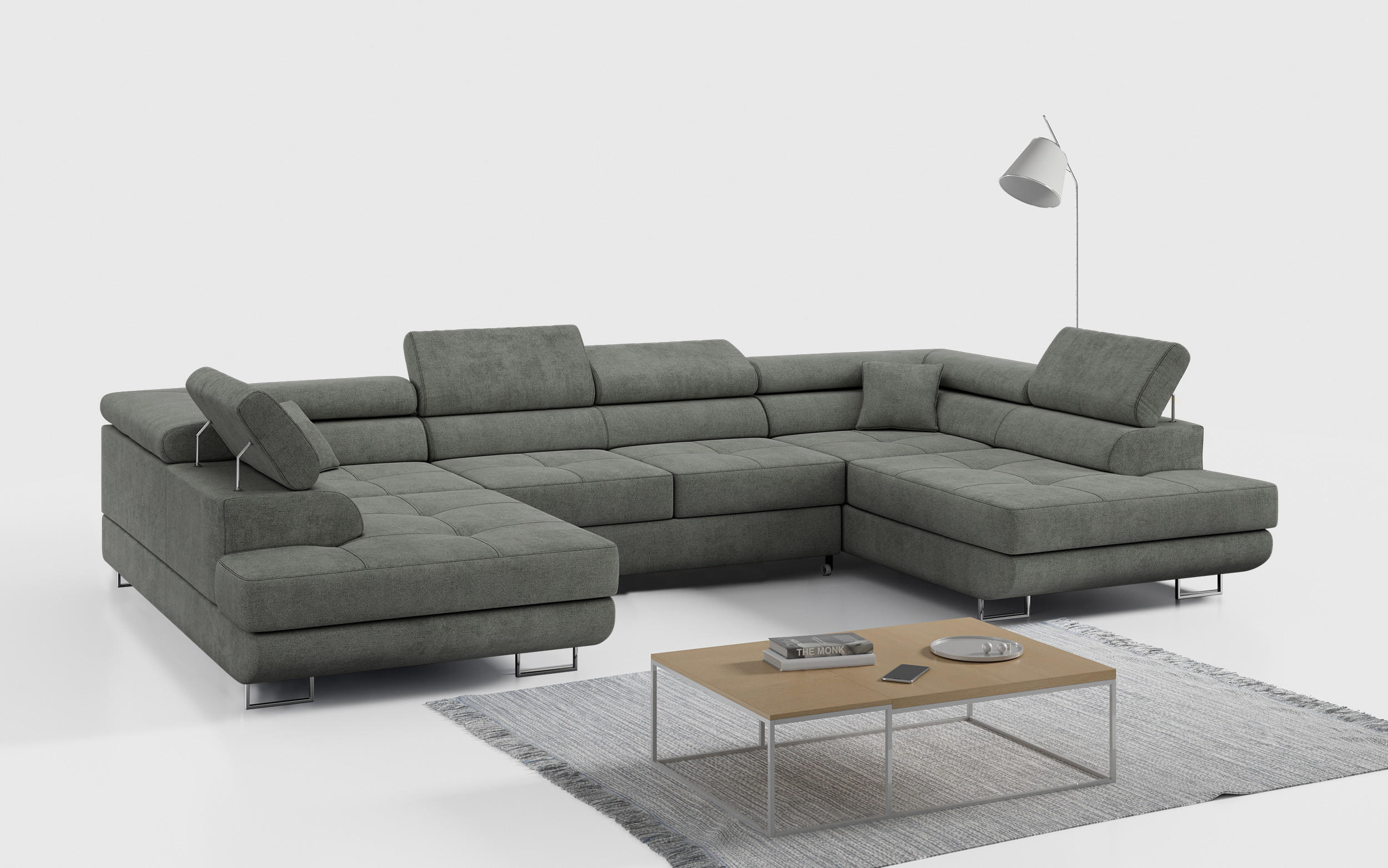 WOHNLANDSCHAFT GUSTAW U Grau Struktur - Silberfarben/Grau, Textil/Metall (340/55/205cm) - MKS