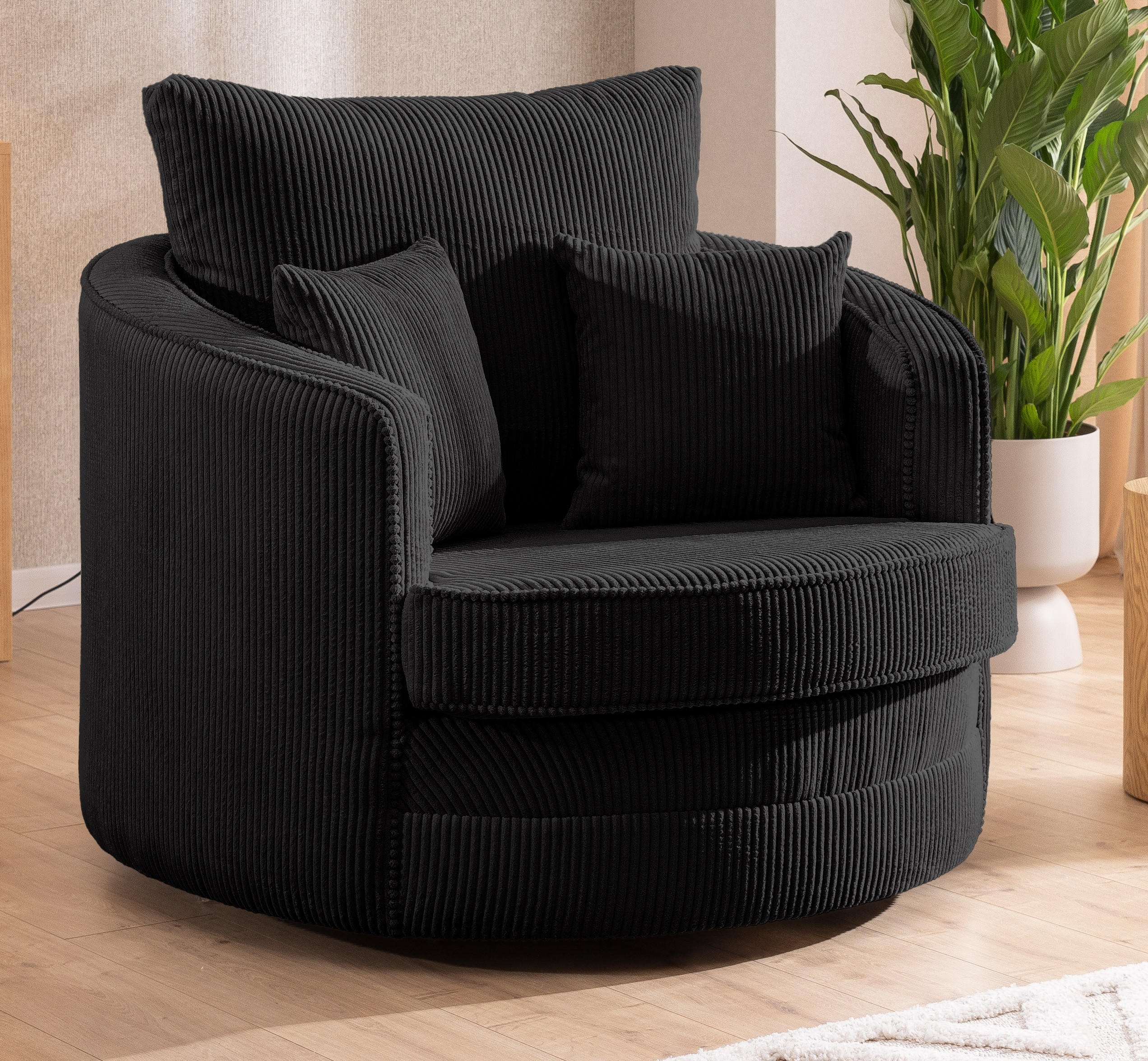 DREHSESSEL Ted aus Schwarz Cord-Stoff - Schwarz, Holz/Textil (107/94/100cm) - S-Style Möbel