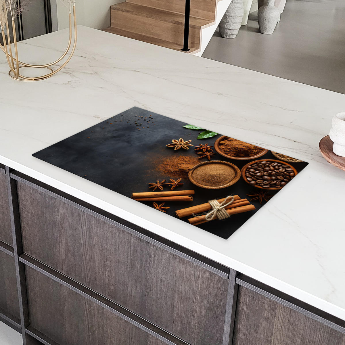 HERDABDECKPLATTE Zimt - Beton - Kaffee - Zimtstangen - Gewürze 85x52 cm - Mokka, Kunststoff (85/0.2/52cm) - MuchoWow