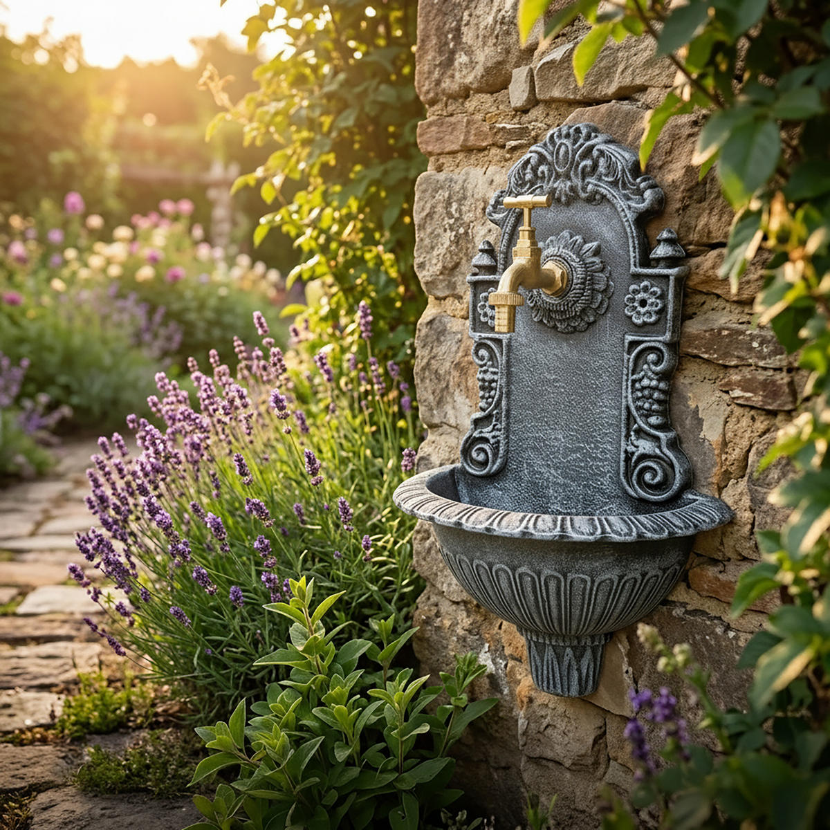 WANDBRUNNEN Grau Antik Aluminiumguss 40 cm - Grau, Metall (13/24.5/40cm) - Relaxdays