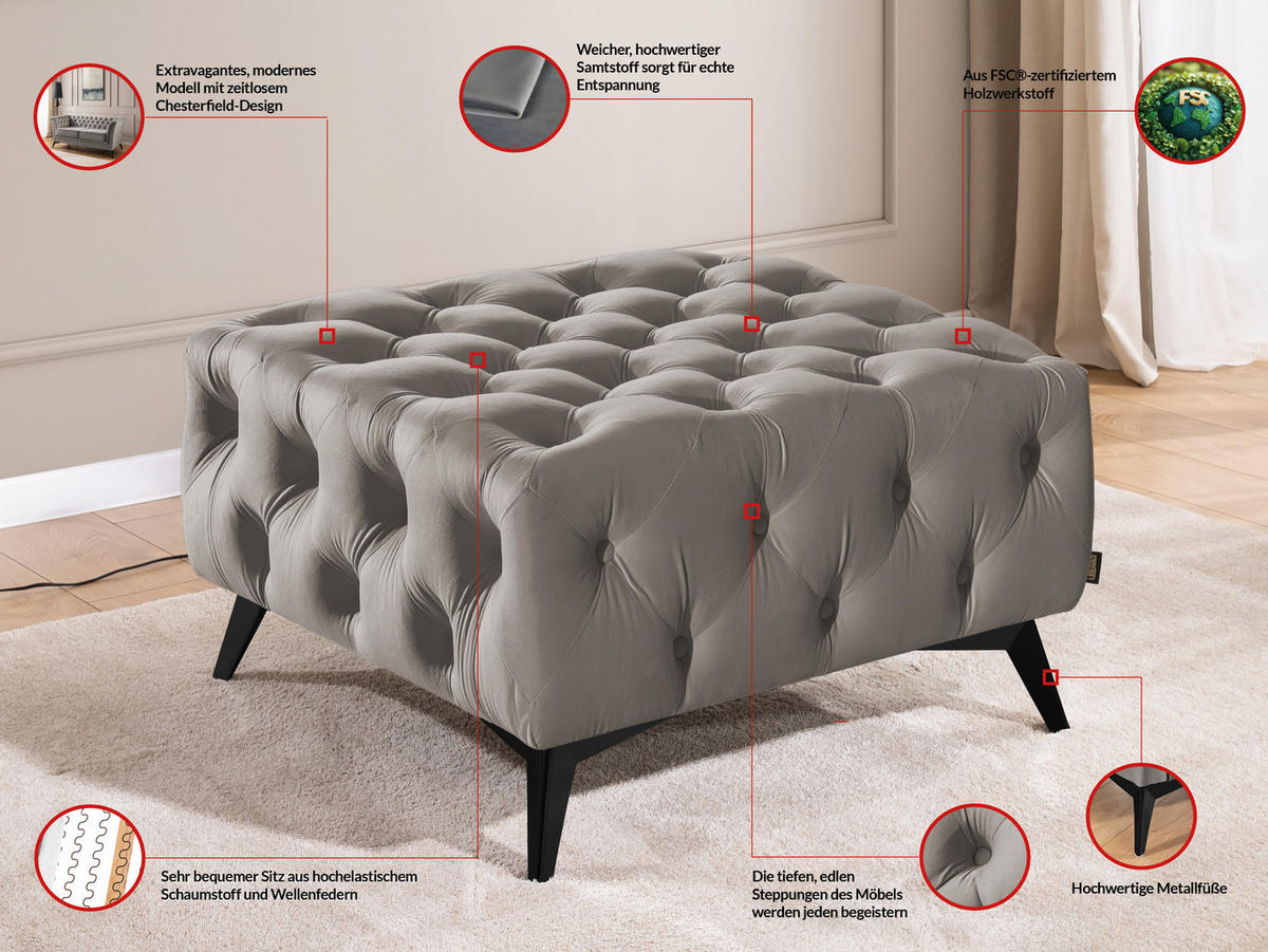HOCKER Chesterfield Whitby Grau Samt mit schwarzen Füßen - Schwarz/Grau, Holz/Textil (80/45/80cm) - S-Style Möbel