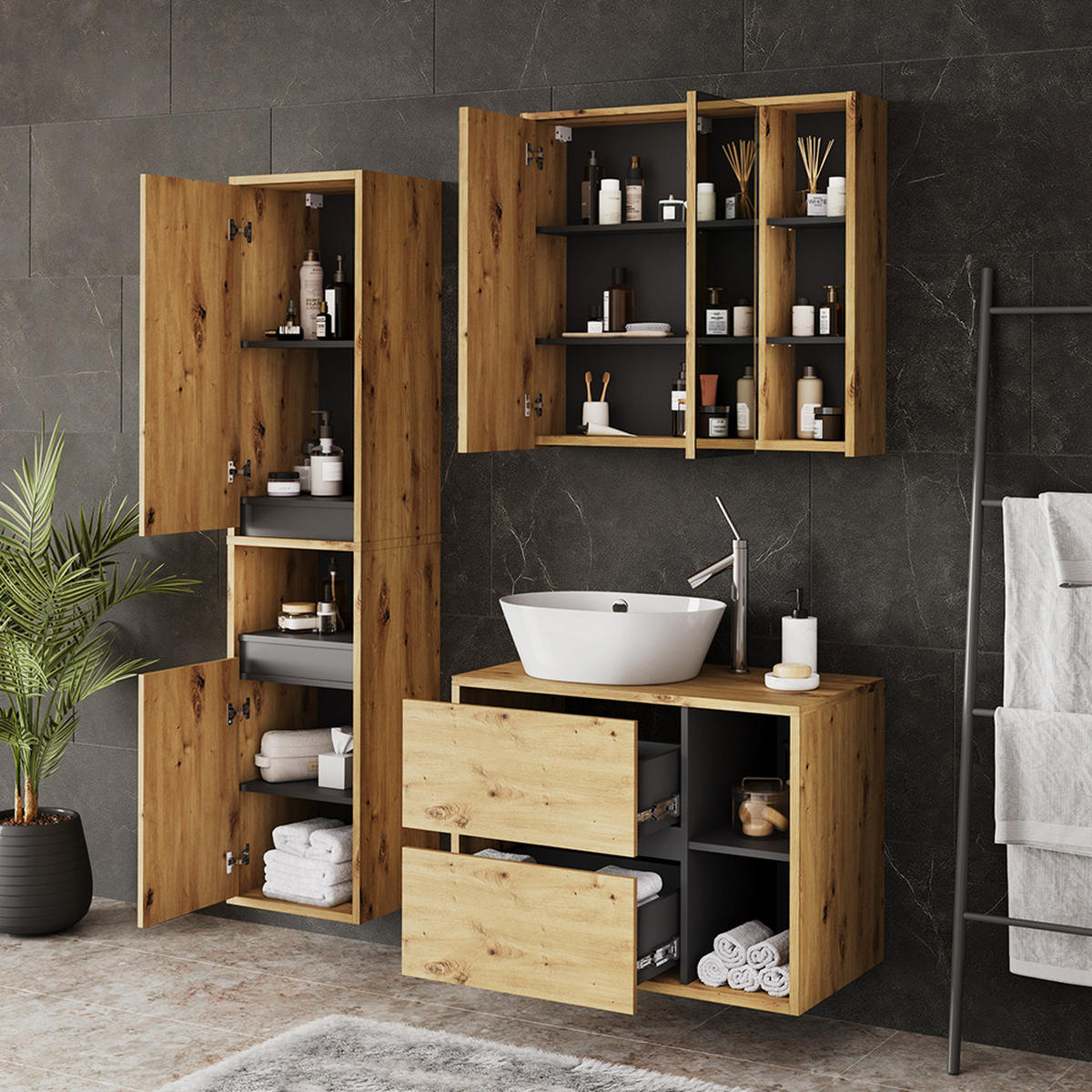 SADA KOUPELNOVÉHO NÁBYTKU Viola Artisan/šedá - šedá/světle šedá, kompozitní dřevo (80/60/46cm) - Vicco