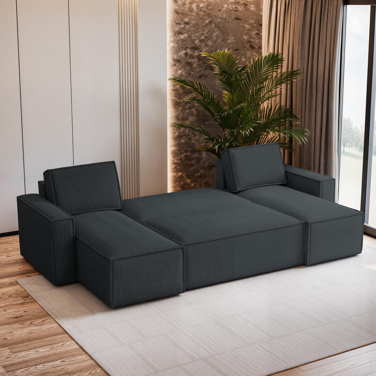 WOHNLANDSCHAFT PESANO P Graphitfarben Kordstoff mit Schlaffunktion - Graphitfarben, Holz (306/85/140cm) - MASSENO