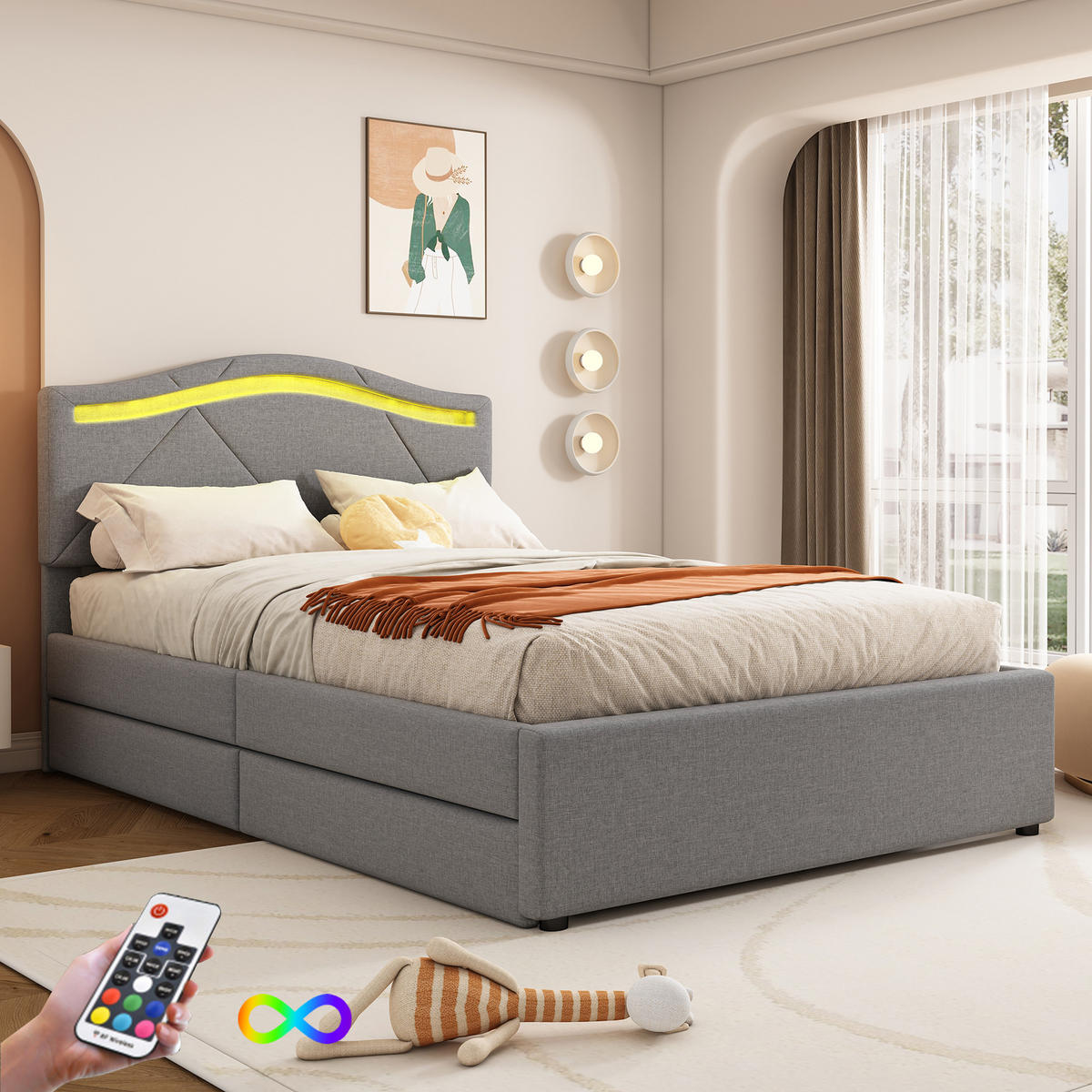 POLSTERBETT 90x200cm Grau Leinen Fernbedienung 2 Schubladen Kopfteil - Grau, Holz (90/200cm) - FLIEKS