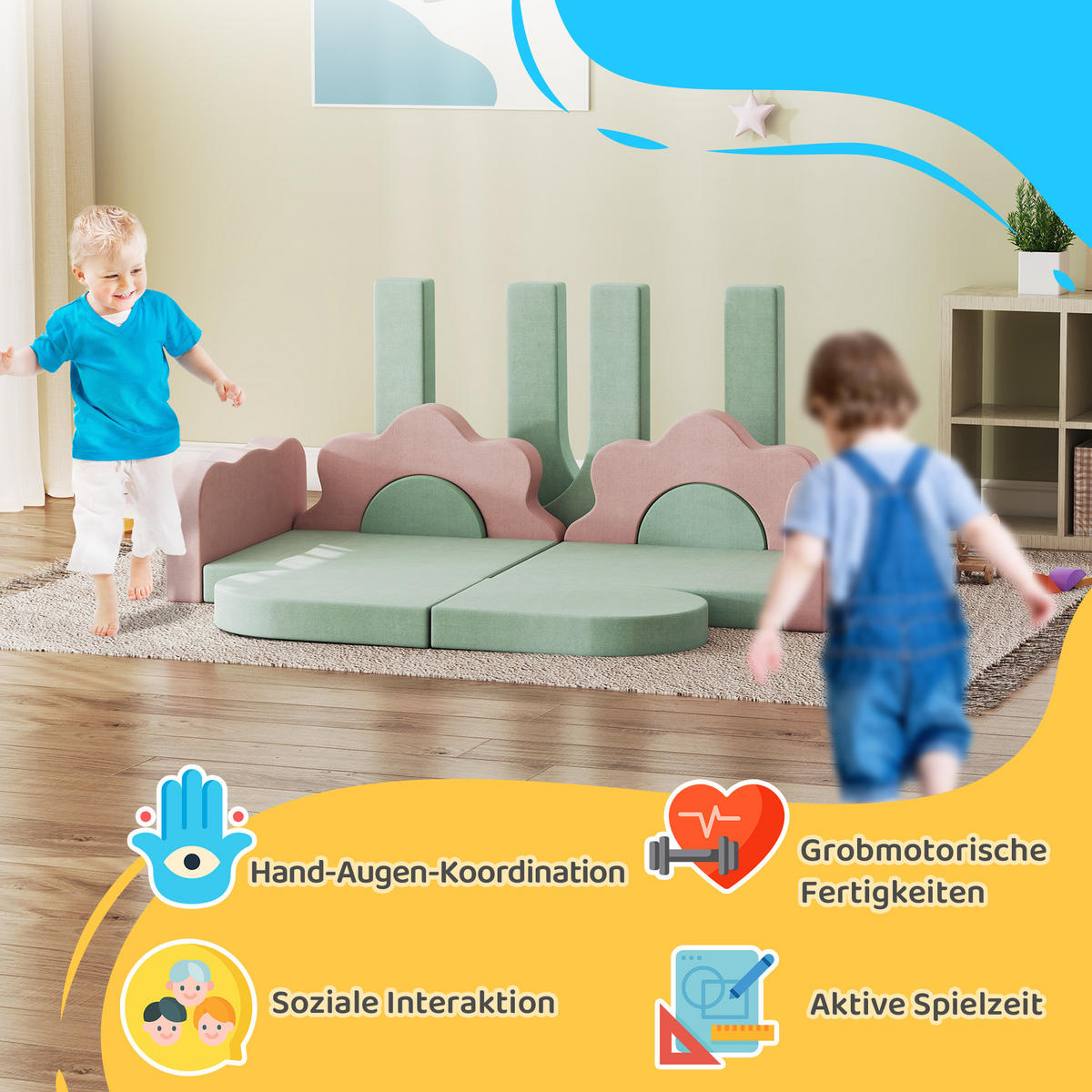 SCHAUMSTOFF Bausteine Kinder 12 Stück Klettern Softbausteine mit Bällebad Grün - Grün, Textil (75/75cm) - AIYAPLAY