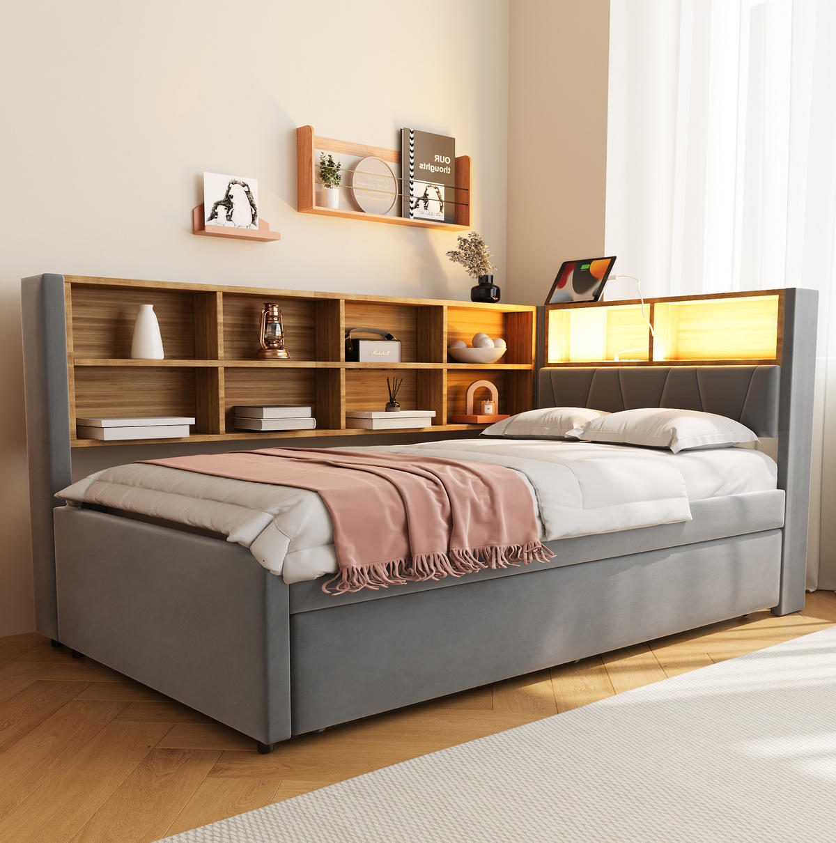 POLSTERBETT 90/200 cm Dunkelgrau mit Stauraum, LED-Beleuchtung und USB/Type-C - Dunkelgrau, Textil (90/200cm) - Flora Grace