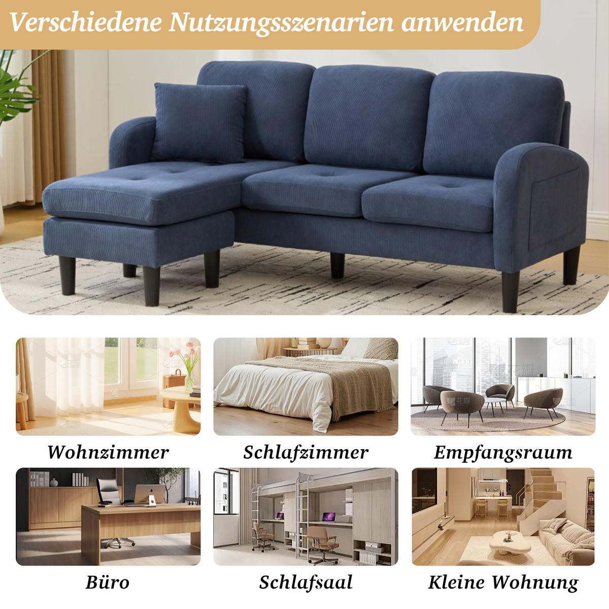 ECKSOFA L-Form Cord mit modularer Chaiselongue Blau 166/118/77 cm - Blau, Textil (166/118cm) - Redom