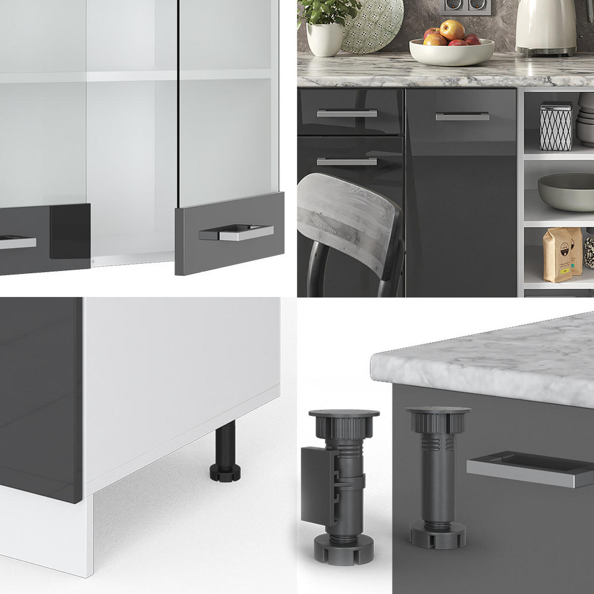 KÜCHENZEILE R-Line Anthrazit Hochglanz/Weiß 240 cm, AP Marmor - Anthrazit/Weiß, Holzwerkstoff (240/81.6/60cm) - Vicco