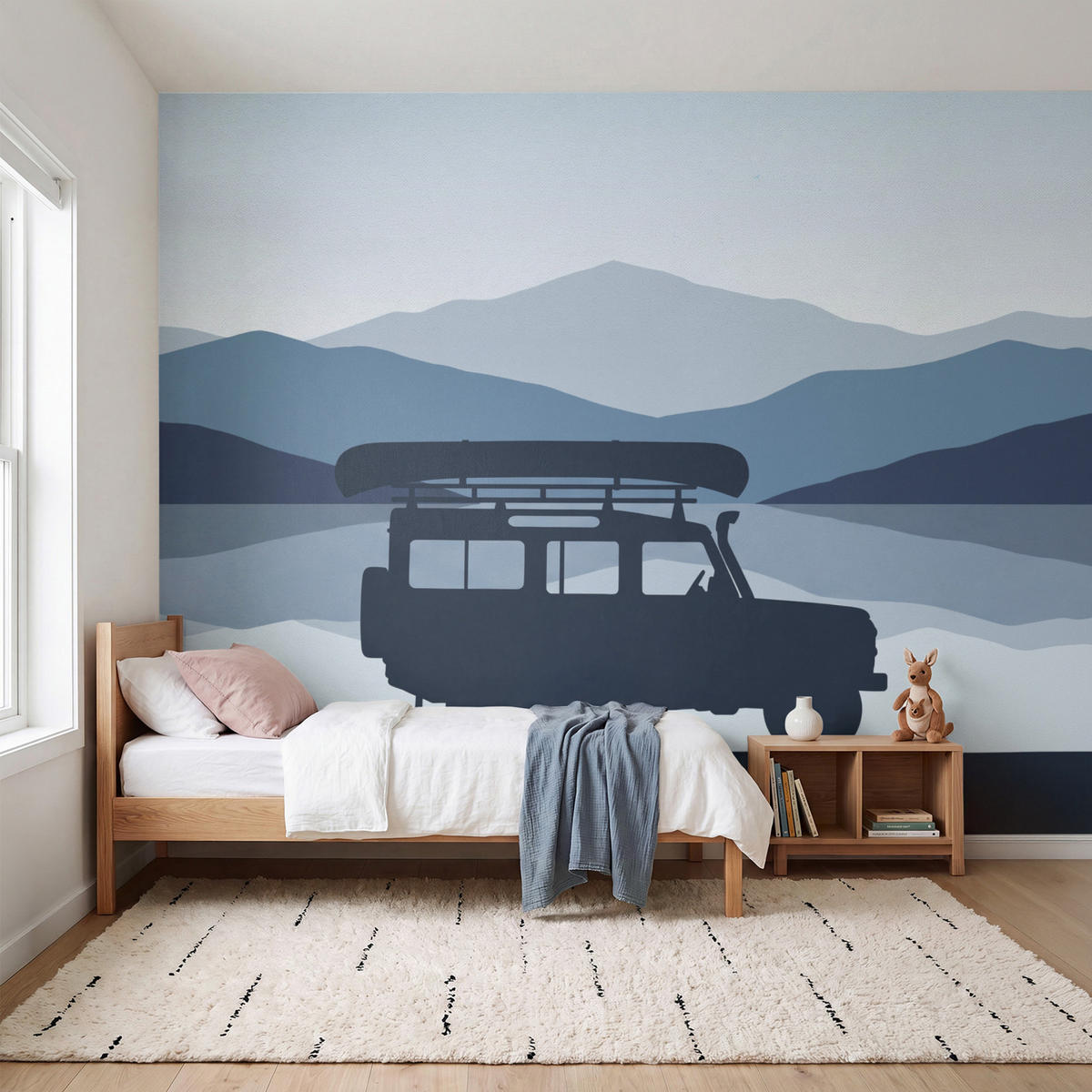 KINDERTAPETE - Auto - See - Berge - Blau - 350x300 cm - Blaugrau, Papier (350/300cm) - OnlyWow