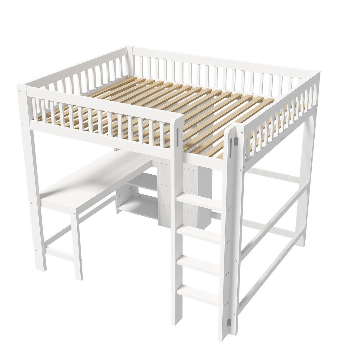 HOCHBETT 140/200 cm mit Schreibtisch, 3 Schubladen, Ablagefächern und Leiter, Weiß - Weiß, Holz (140/200cm) - Redom