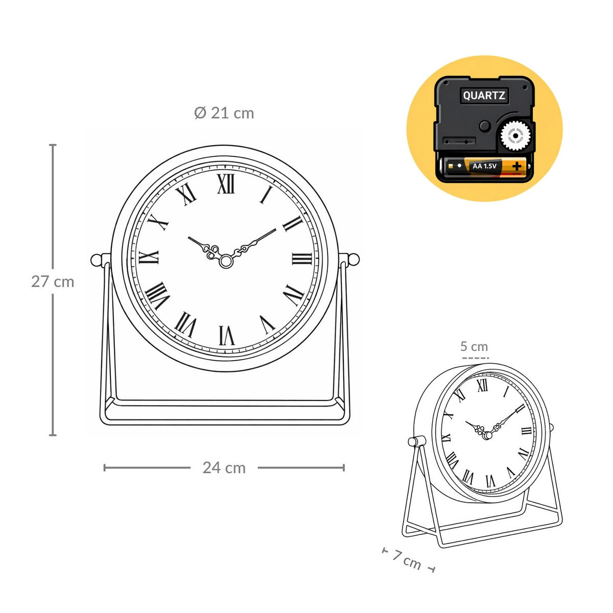 TISCHUHR auf Metallständer Kora 21/21/27 cm - Goldfarben, Metall (21/27/21cm) - SCENA LIVING