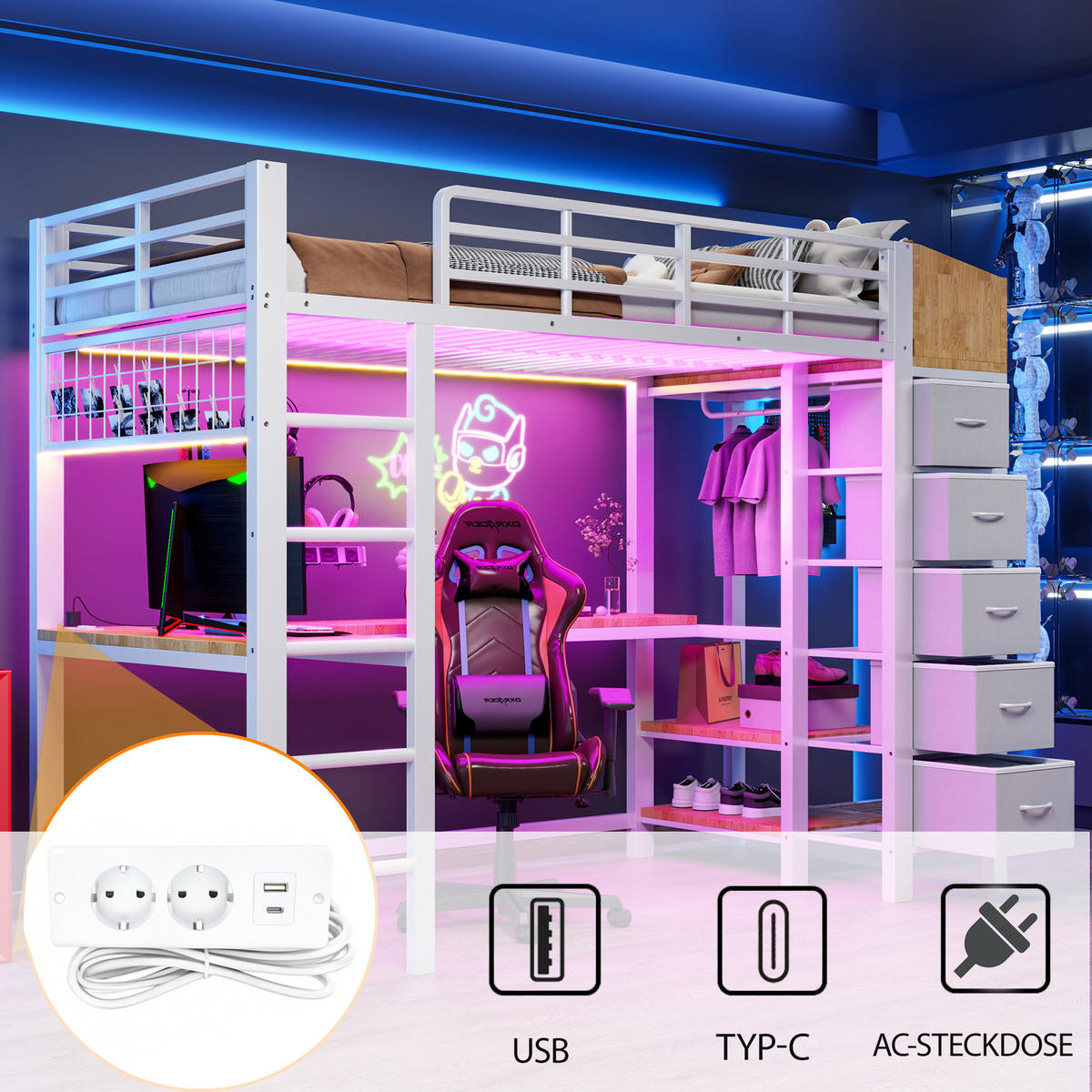 HOCHBETT 90x200cm Metall Schreibtisch LED USB Weiß - Weiß, Metall (90/200cm) - FLIEKS