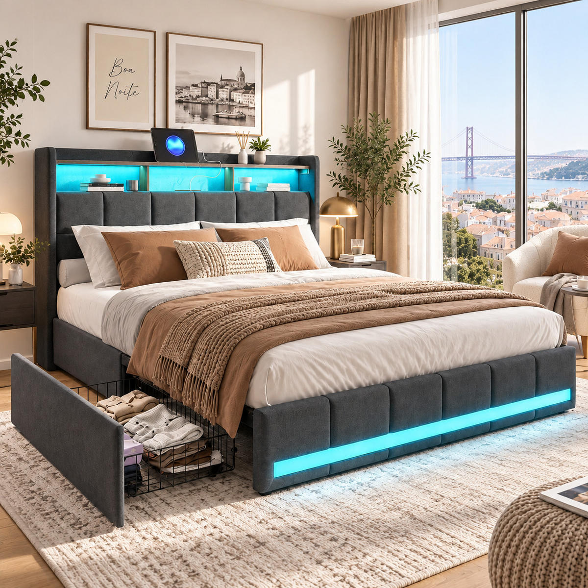 POLSTERBETT,DOPPELBETT 180/200 mit Schubladen und LED&Ladefunktion - Grau, Holz/Textil (180/200cm) - PARAFTA HOME