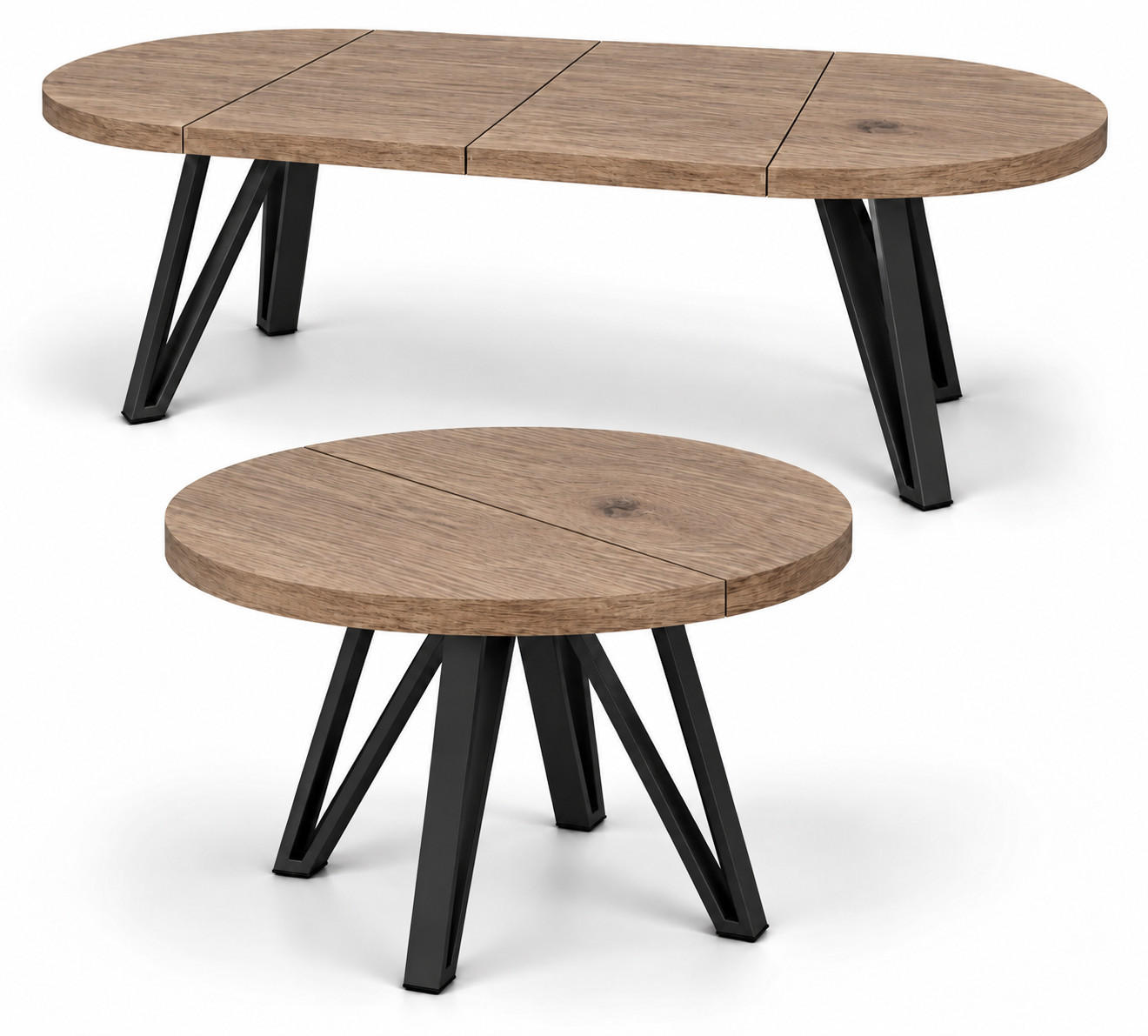ESSTISCH rund ausziehbar 110/210/76 cm, Graubraun Eiche Halifax, 54 cm Tischplatte + Industrial Metallgestell Schwarz - Eichefarben/Graubraun, Holzwerkstoff/Metall (110/210/76cm) - Damale Möbel