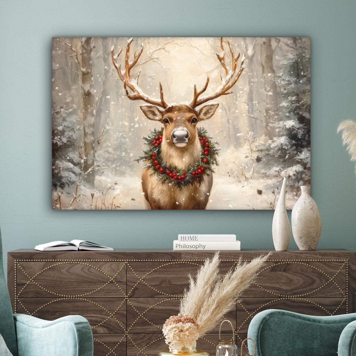 LEINWANDBILD Weihnachten - Rentier - Winter - Kranz Wohnzimmer 120x80 cm - Naturfarben, Textil (120/80cm) - MuchoWow