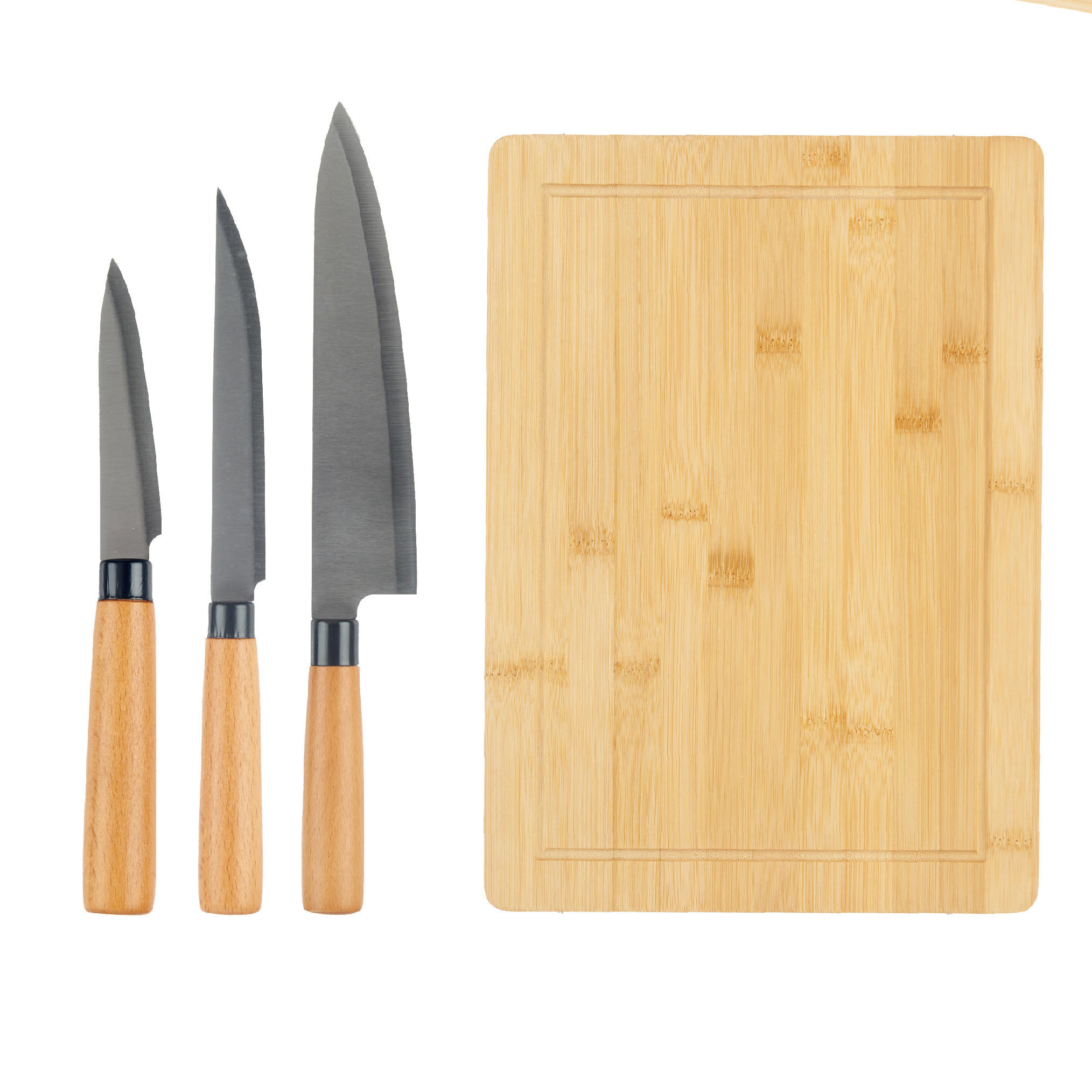 SCHNEIDEBRETT Bambus Orva mit 3 Messern - Beige, Naturmaterialien (25/35cm) - Kinvara