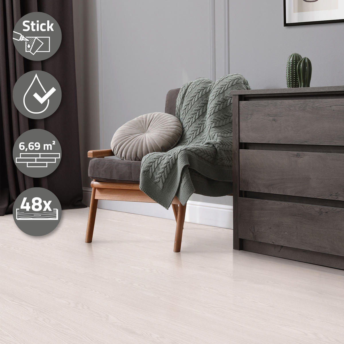 VINYLBODEN selbstklebend 6,69m²/48 Dielen Eiche Weiß - Weiß, Kunststoff (91.5/15.3/0.2cm) - ML-DESIGN