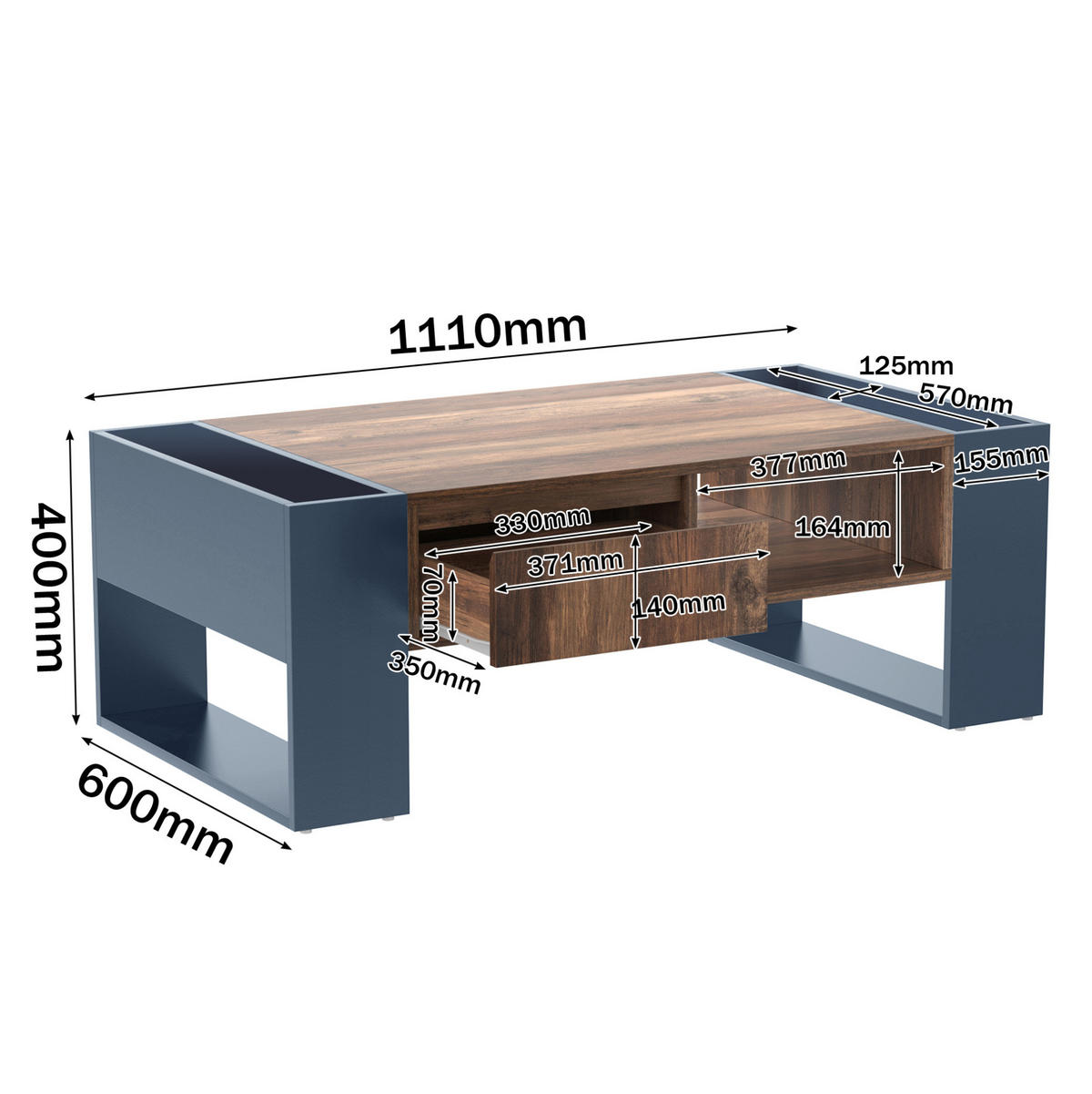 COUCHTISCH 111/40/60 cm in Schwarz/Grau aus Spanplatte mit Stauraum - Schwarz, Holzwerkstoff (111/60/40cm) - OKMYHOME
