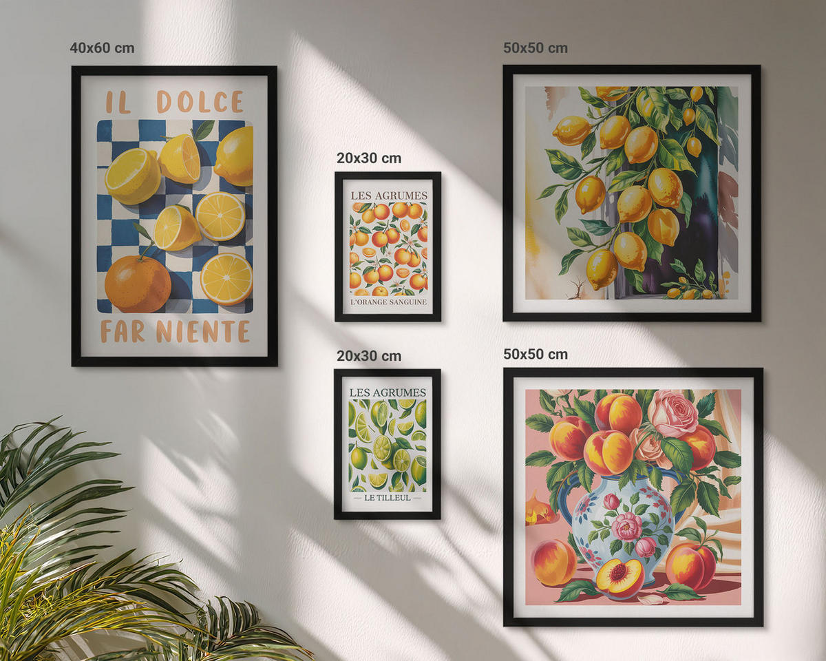 BILDER SET 5er Set - 50x50 cm & 20x30 cm & 40x60 cm Schwarzer Rahmen - Zitronenbäume im Topf - Schwarz, Kunststoff (40/60cm) - TULUP