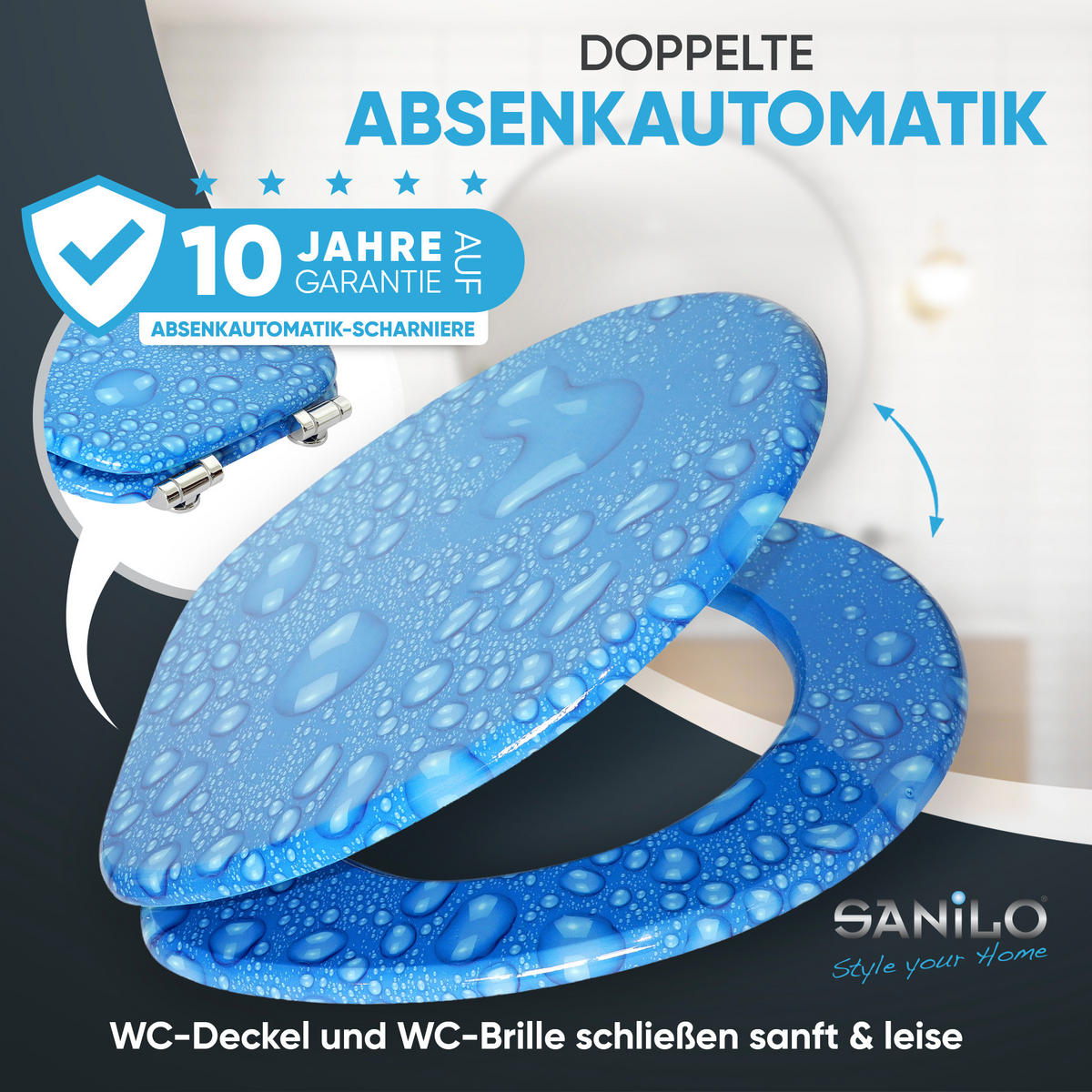 WC-SITZ Absenkautomatik Tautropfen Blau - Blau, Holzwerkstoff (38/6/47cm) - Sanilo