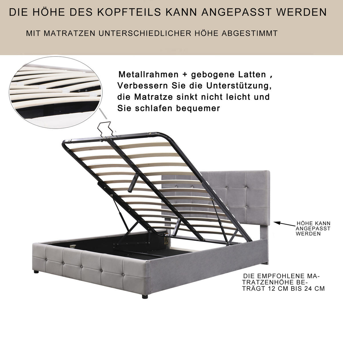 POLSTERBETT 140/200 cm Grau aus Samtstoff mit Bettkasten - Grau, Textil (140/200cm) - OKMYHOME