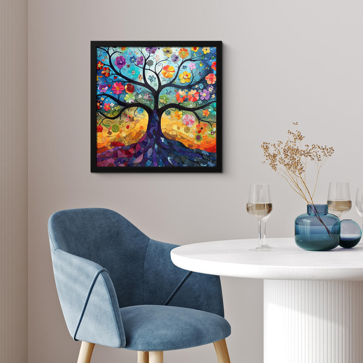 POSTER MIT RAHMEN Kunst - Baum des Lebens - Blumen - Hippie 40x40 cm - Dunkelblau, Papier (40/40cm) - MuchoWow