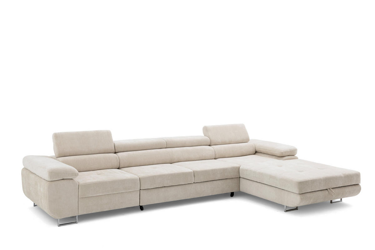 ECKSOFA ALONZO MAXI Rechts mit Schlaffunktion 125x195 Chenille Beige - Chromfarben/Beige, Holz/Textil (350/203cm) - Muffo