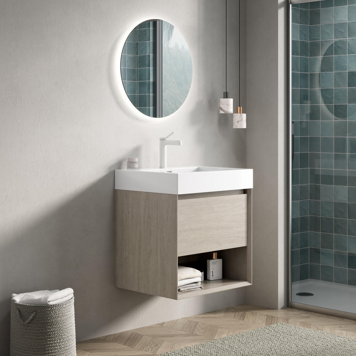 WASCHTISCHKOMBI 55 cm in Eiche/Weiß mit Soft-Close-Schublade und offenem Fach - Creme, Kunststoff (55/60/46cm) - BEAOK