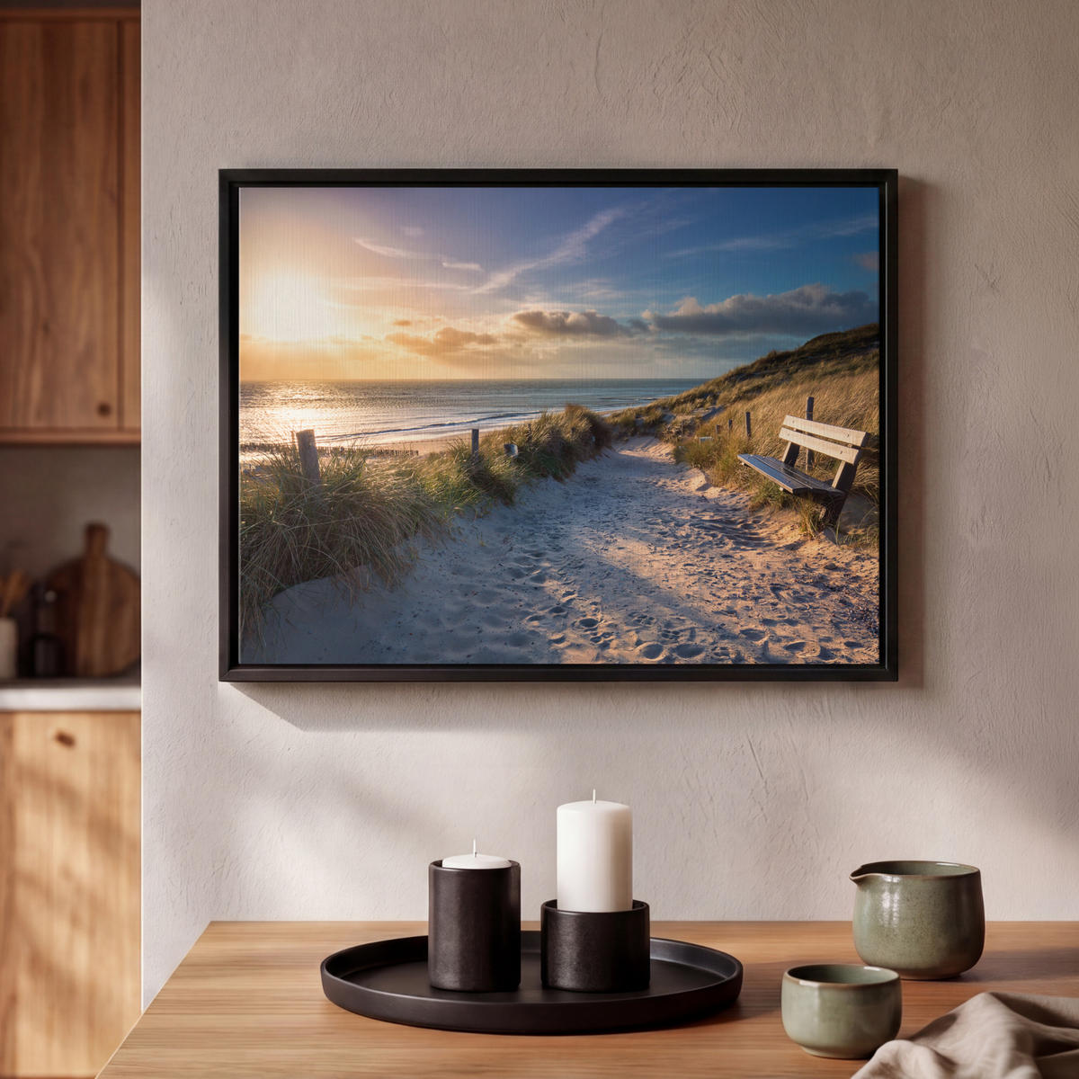 LEINWAND Bilder mit Rahmen - Sonnenuntergang - Strand - Düne - Gras - Ufer - 40x30 - Sandfarben, Textil (40/30cm) - MuchoWow