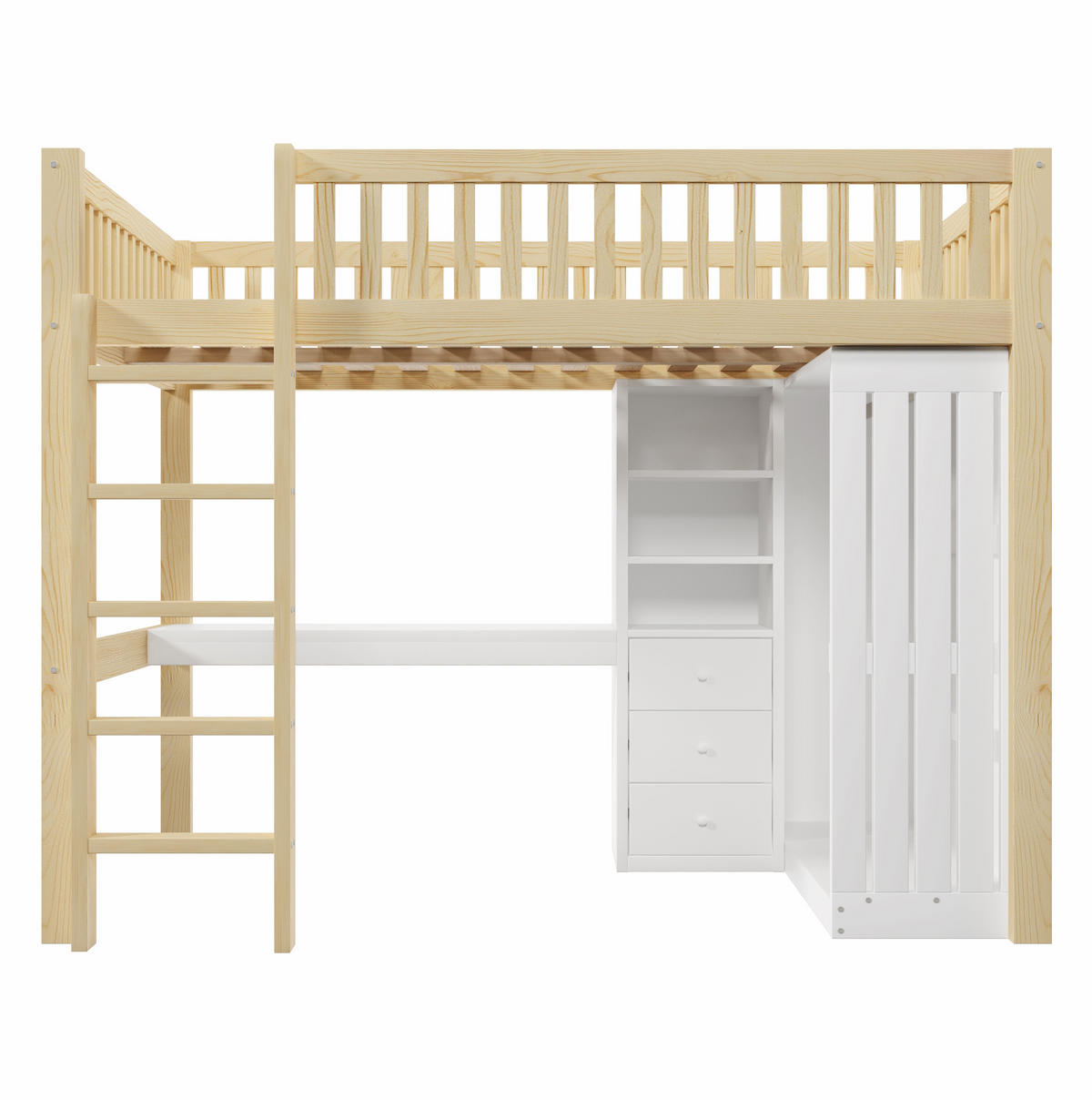 VISOKA postelja 140/200 cm naravna iz bora in MDF s pisalno mizo, omaro, 3 predali in stopnicami - naravne barve, les (140/200cm) - OKWISH