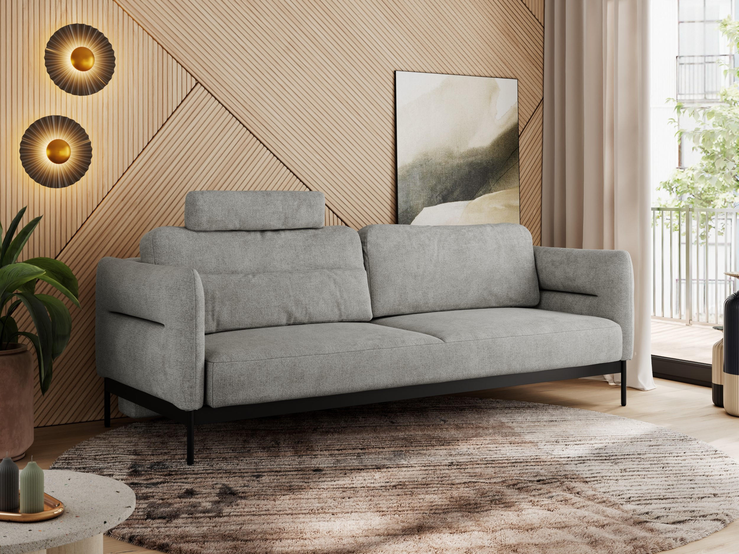SOFA SALENTO Hellgrau Struktur - Hellgrau/Schwarz, Textil/Metall (221/82/101cm) - MKS