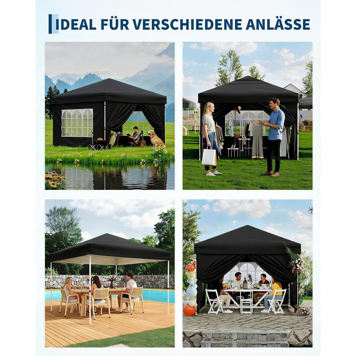 FALTPAVILLON 3x3 m wasserdicht mit 4 Seitenwänden Schwarz - Schwarz, Textil (300/260/300cm)