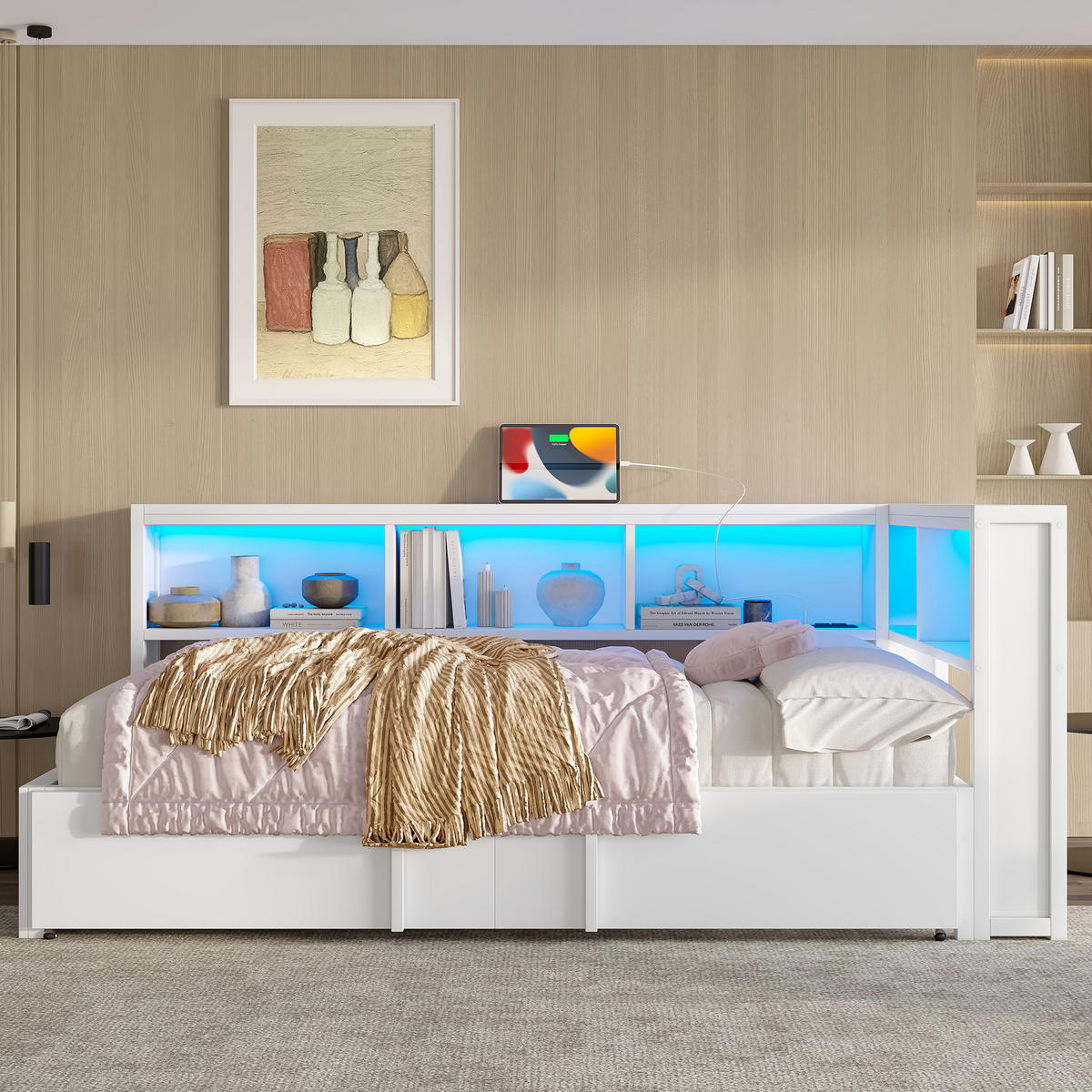 AUSZIEHBETT 90/200 cm DE-03418, mit Stauschränken, LED und USB, in Weiß - Weiß, Holzwerkstoff/Metall (90/200cm) - ComfortXL