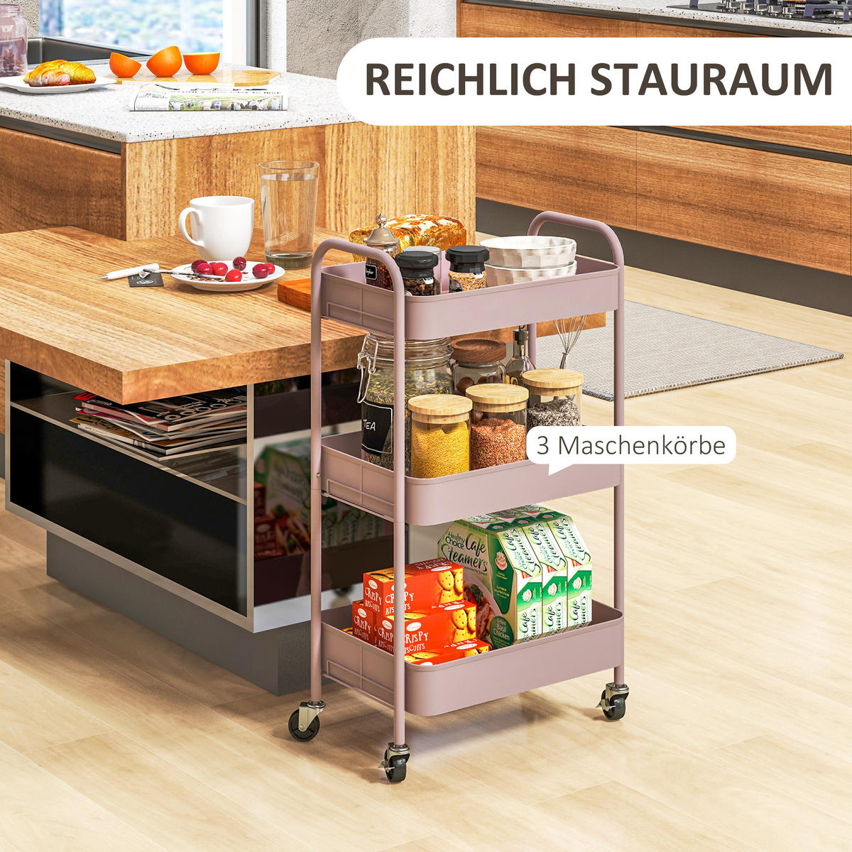 SERVIERWAGEN Rollwagen mit 3 Etagen, für Küche, Wohnzimmer, Stahl, Rosa - Rosa, Metall (30.6/79/45cm) - HOMCOM