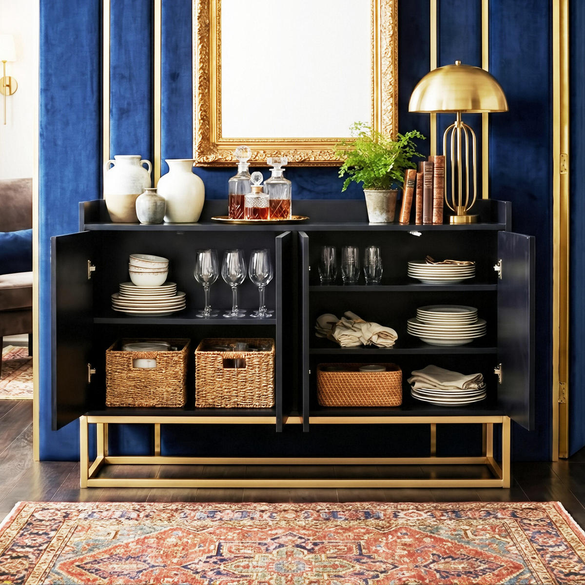 SIDEBOARD Push-to-Open mit 4 Türen 120/30/80 cm Schwarz/Gold - Schwarz, Holzwerkstoff (120/80/30cm) - Creahappy