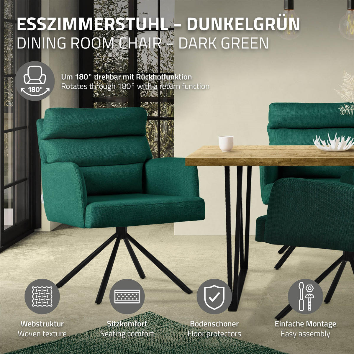 ESSZIMMERSTUHL 4er Set drehbar Dunkelgrün Stoffbezug - Dunkelgrün/Schwarz, Textil/Metall (64.5/93/64cm) - ML-DESIGN