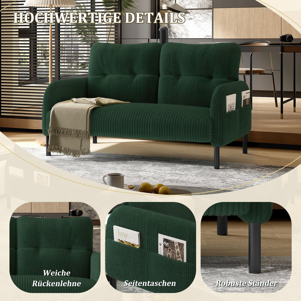 2-SITZER SOFA Cord Emerald mit Seitentasche - Grün, Textil/Metall (120/79/75cm) - WISHDOR