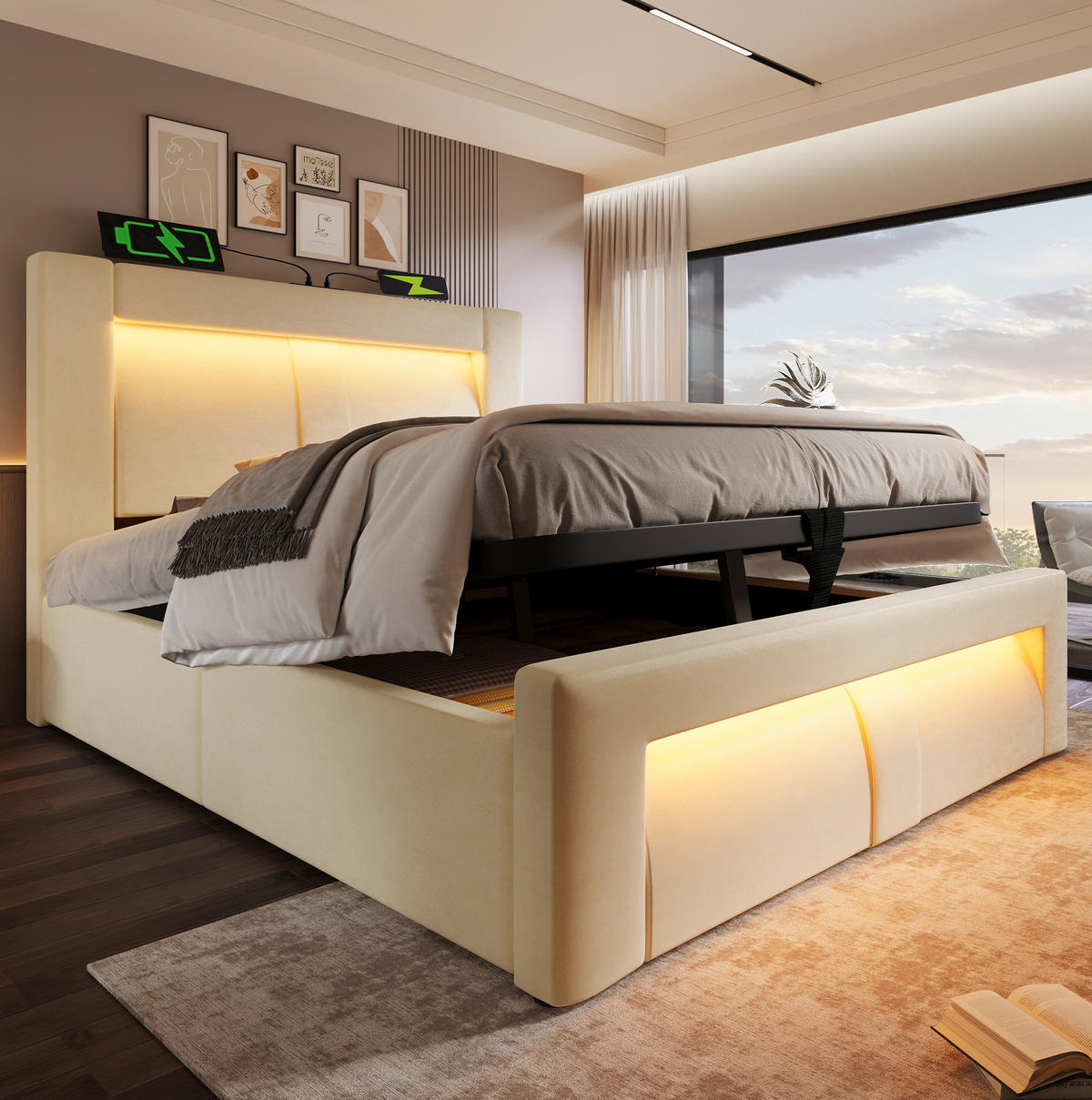 POLSTERBETT aus Samt 90x200 cm in Beige mit LED & USB-C-Ladestation - Beige, Textil (90/200cm) - Modfu