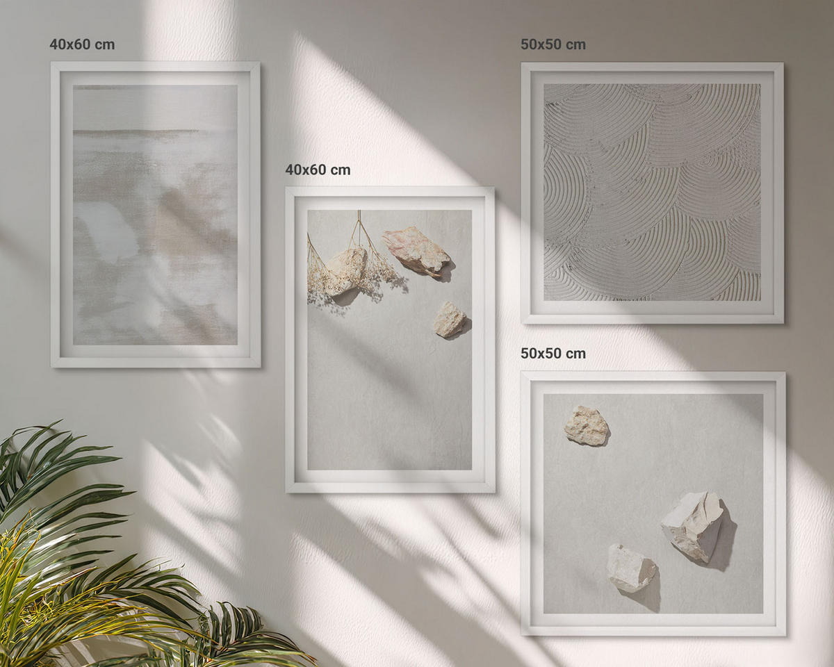 WANDBILDER 4er-Set - 50x50 cm & 40x60 cm Weißer Rahmen - Boho-Textur aus Sandsteinen - Weiß, Kunststoff (50/50cm) - ArtPrintCave