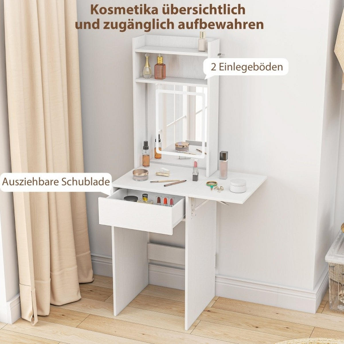 SCHMINKTISCH 45/45/152 cm mit LED-Spiegel, klappbarer Ablage und Schublade aus MDF/Spanplatte, Weiß - Weiß, Holz (45/152/45cm) - Redom