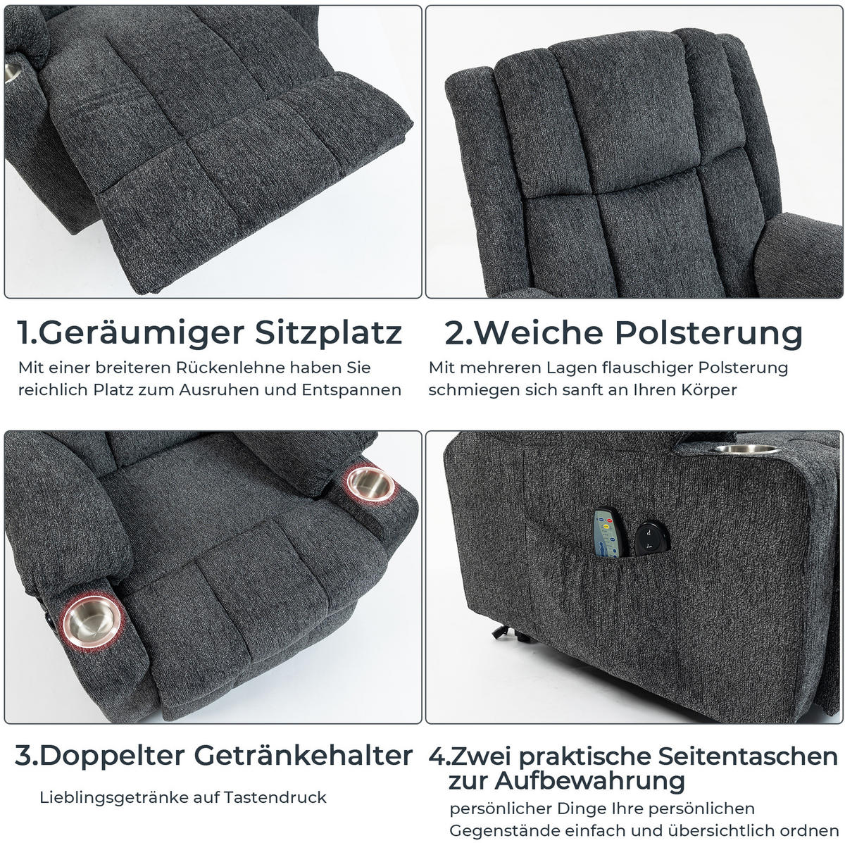 RELAXSESSEL in Dunkelgrau mit Aufstehhilfe, Massage- und Wärmefunktion,84/91/106 cm - Dunkelgrau, Textil (84/106/91cm) - Flora Grace