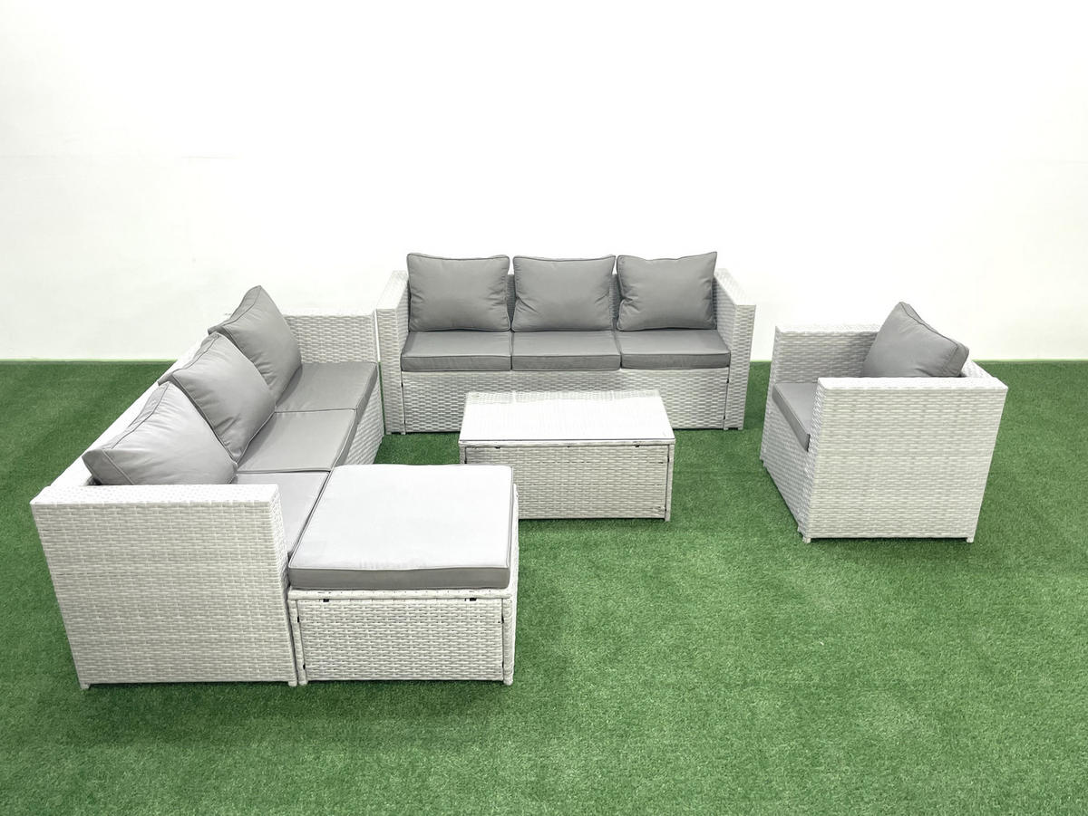 GARTENGARNITUR mit 3-SITZER SOFA,COUCHTISCH Polyrattan Hellgrau-Mix 8-Sitzer - Hellgrau/Grau, Glas/Kunststoff - Fimous